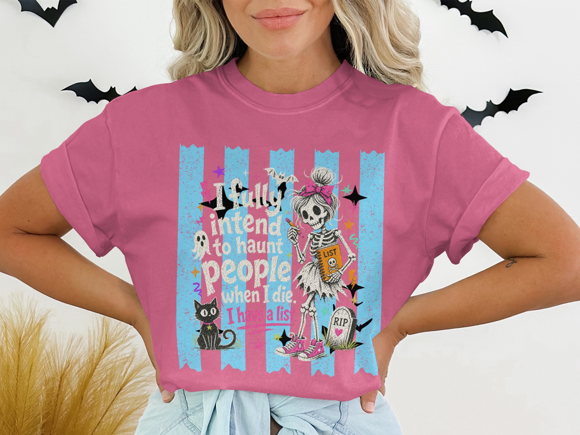 I Have A List Skeleton T-Shirt, Funny Halloween Tee, Sassy Spooky Cute Pastel Goth Shirt, Black Cat Ghost List Graphic Tee Gift - Image 13
