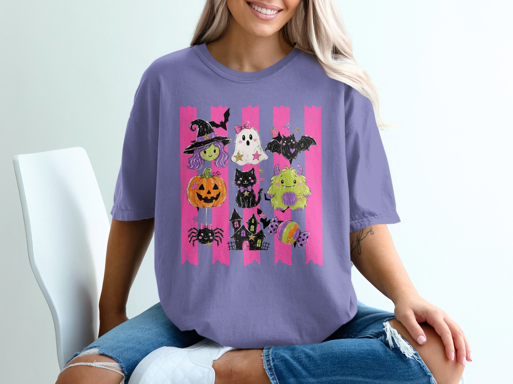 Cute Halloween T-Shirt, Spooky Season Witch Ghost Bat Pumpkin Cat Monster Spider Haunted House Candy Pink Stripes Graphic Tee - Image 6