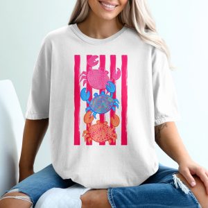 Vibrant Crab Stack T-Shirt, Coastal Beach Summer Tee, Preppy Ocean Lover Vacation Shirt, Colorful Crab Gift for Her