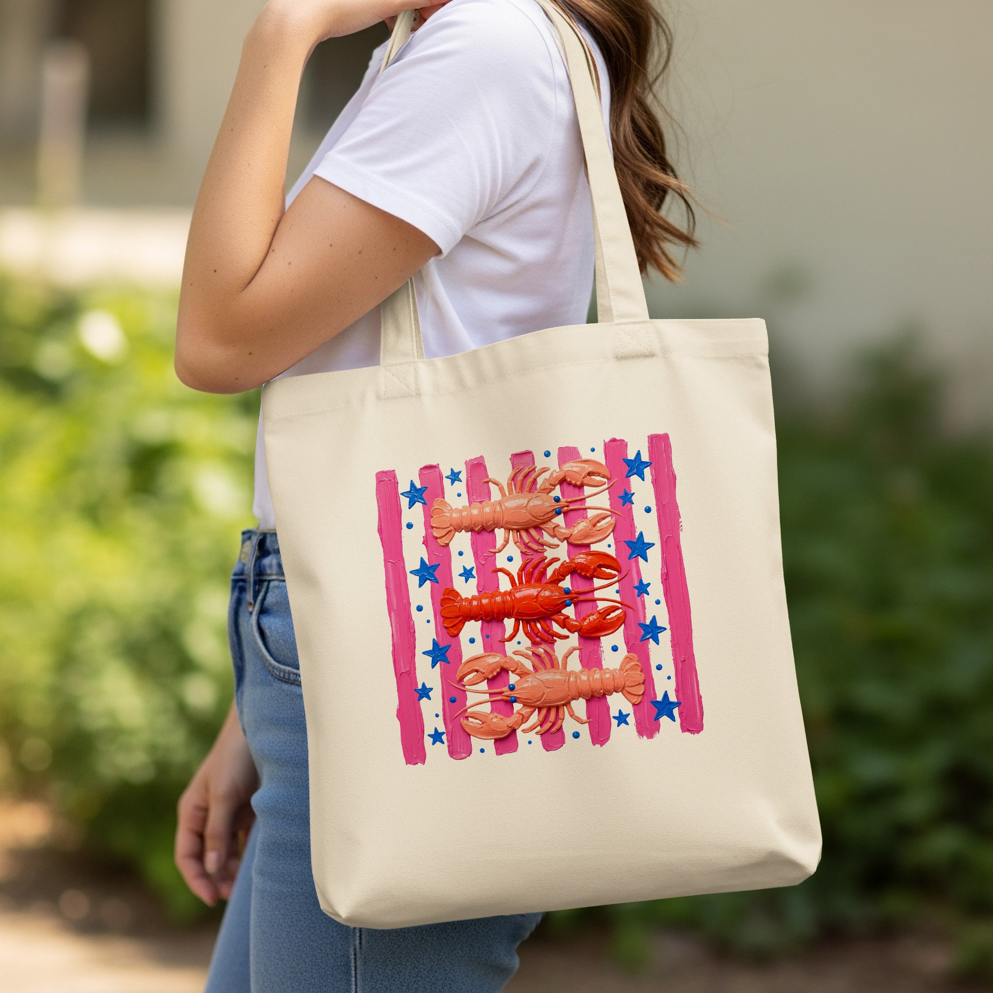 Lobster Tote Bag | Cute Pink Coastal Beach Summer Bag | Artistic Ocean Market Carryall with Star & Stripe Print - Image 11