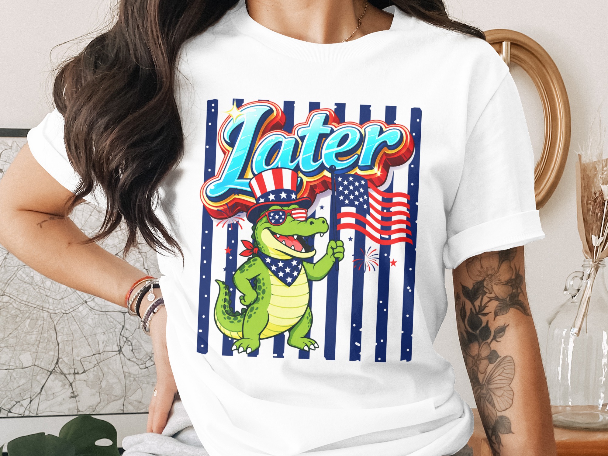 Patriotic Alligator T-Shirt, Later Gator Funny USA Independence Day Tee, 4th of July Celebration Summer Vacation Shirt, Retro Cartoon
