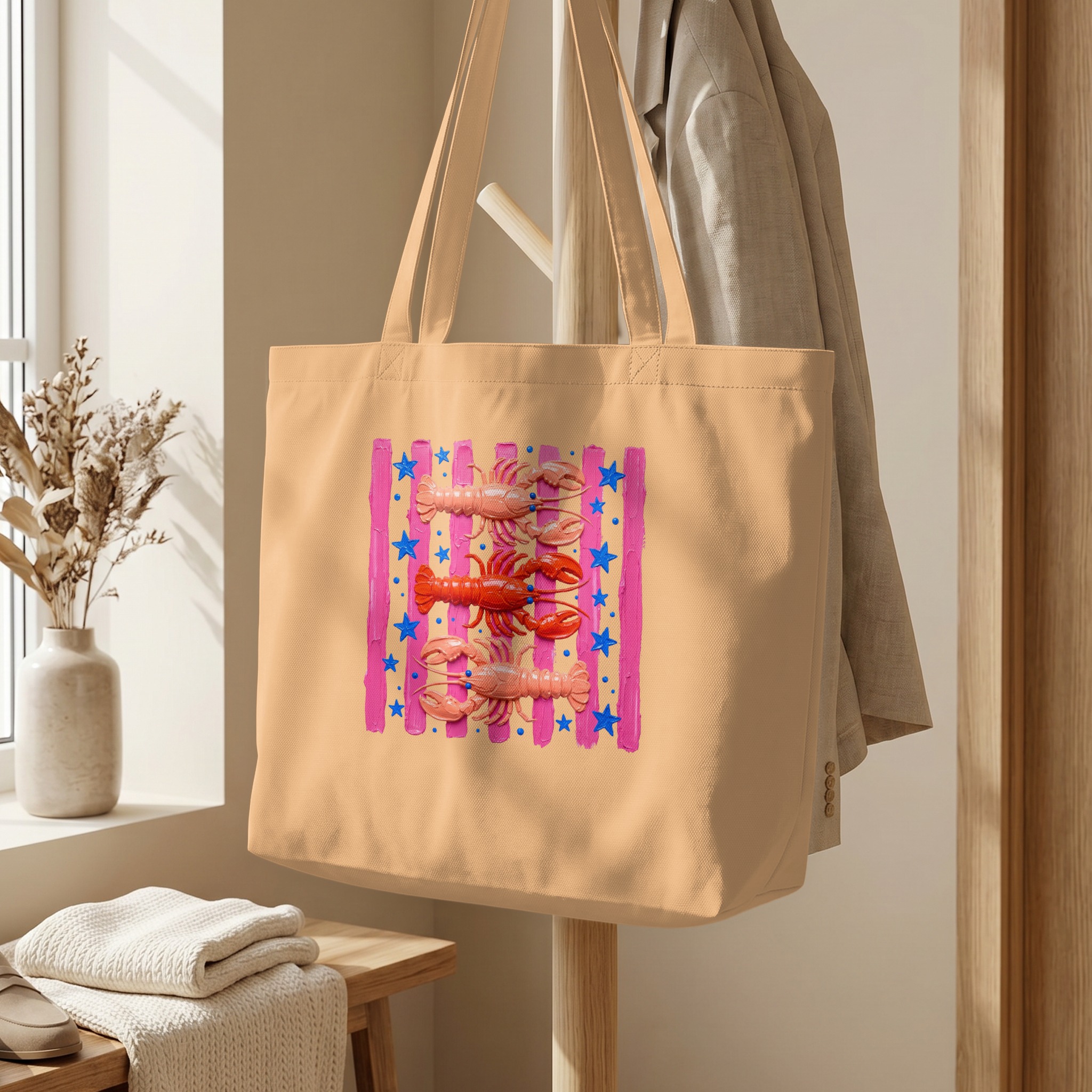 Lobster Tote Bag | Cute Pink Coastal Beach Summer Bag | Artistic Ocean Market Carryall with Star & Stripe Print - Image 5