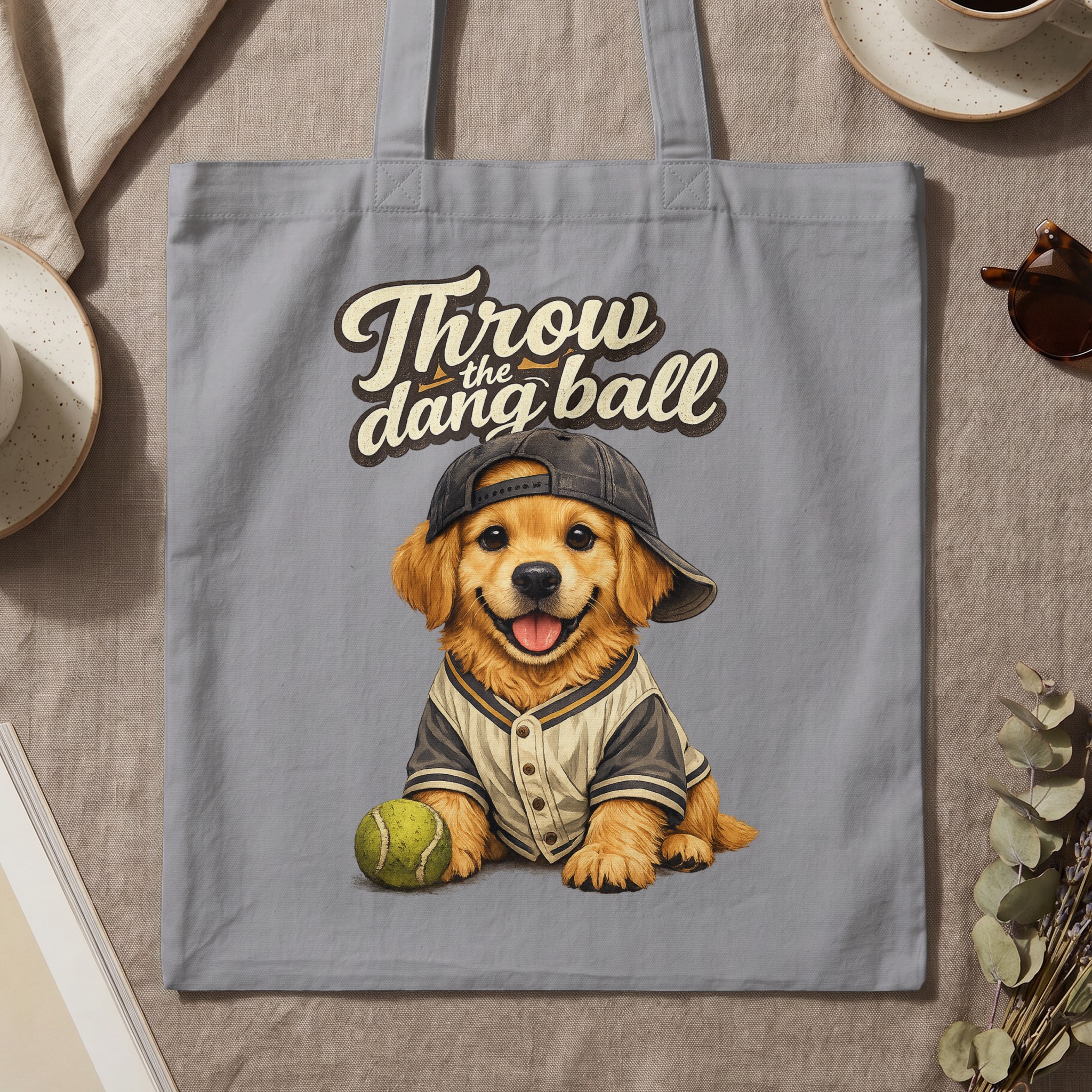 Golden Retriever Tote Bag, Funny Dog Baseball Cap Puppy Canvas Shopper Bag, 'Throw the Dang Ball' Pet Lover Gift - Image 3