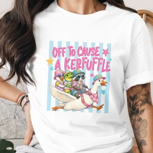 Off To Cause A Kerfuffle T-Shirt, Whimsical Animal Friends Tee, Funny Goose Duck Frog Raccoon Shirt, Playful Summer Adventure Gift