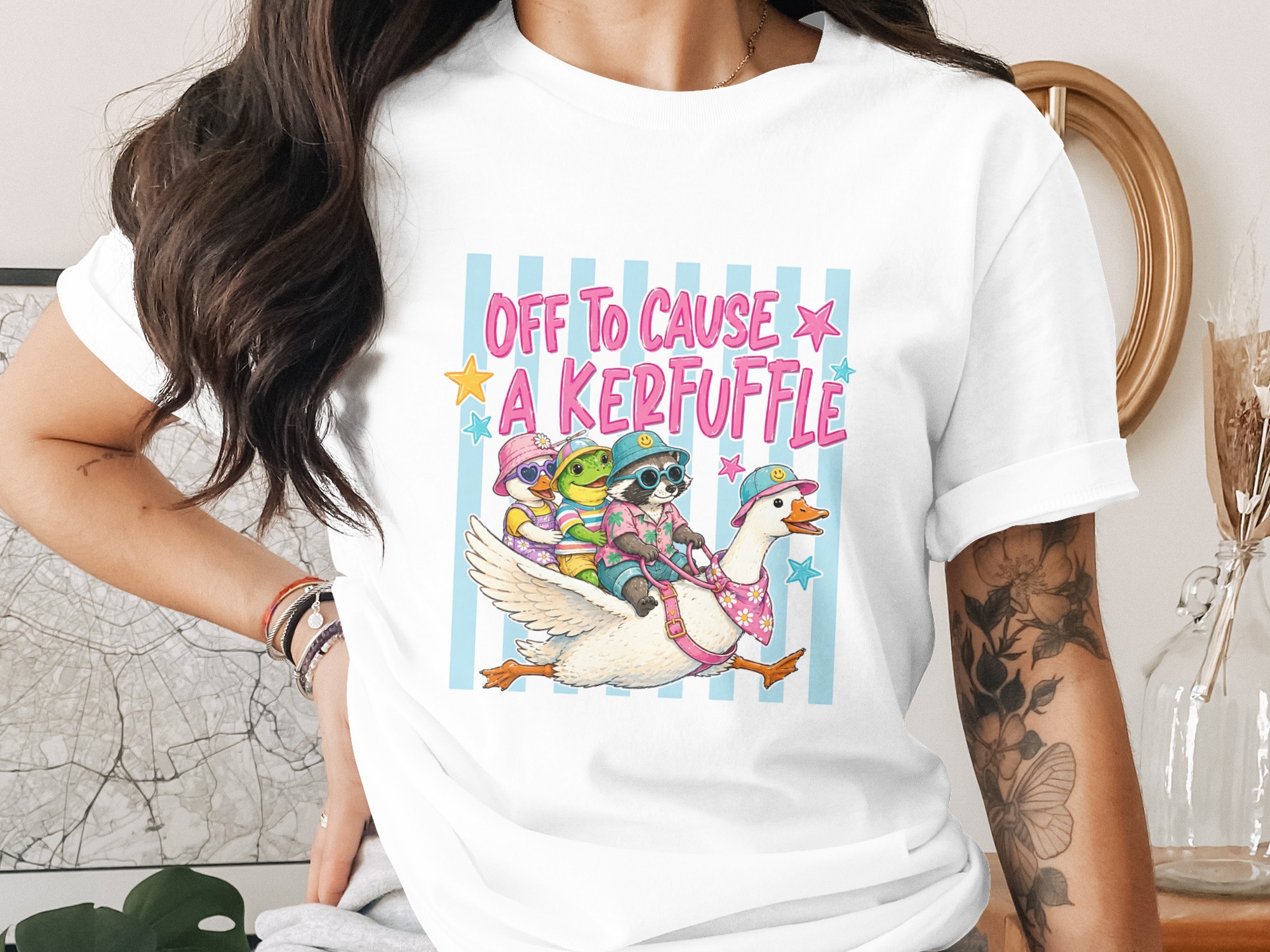 Off To Cause A Kerfuffle T-Shirt, Whimsical Animal Friends Tee, Funny Goose Duck Frog Raccoon Shirt, Playful Summer Adventure Gift