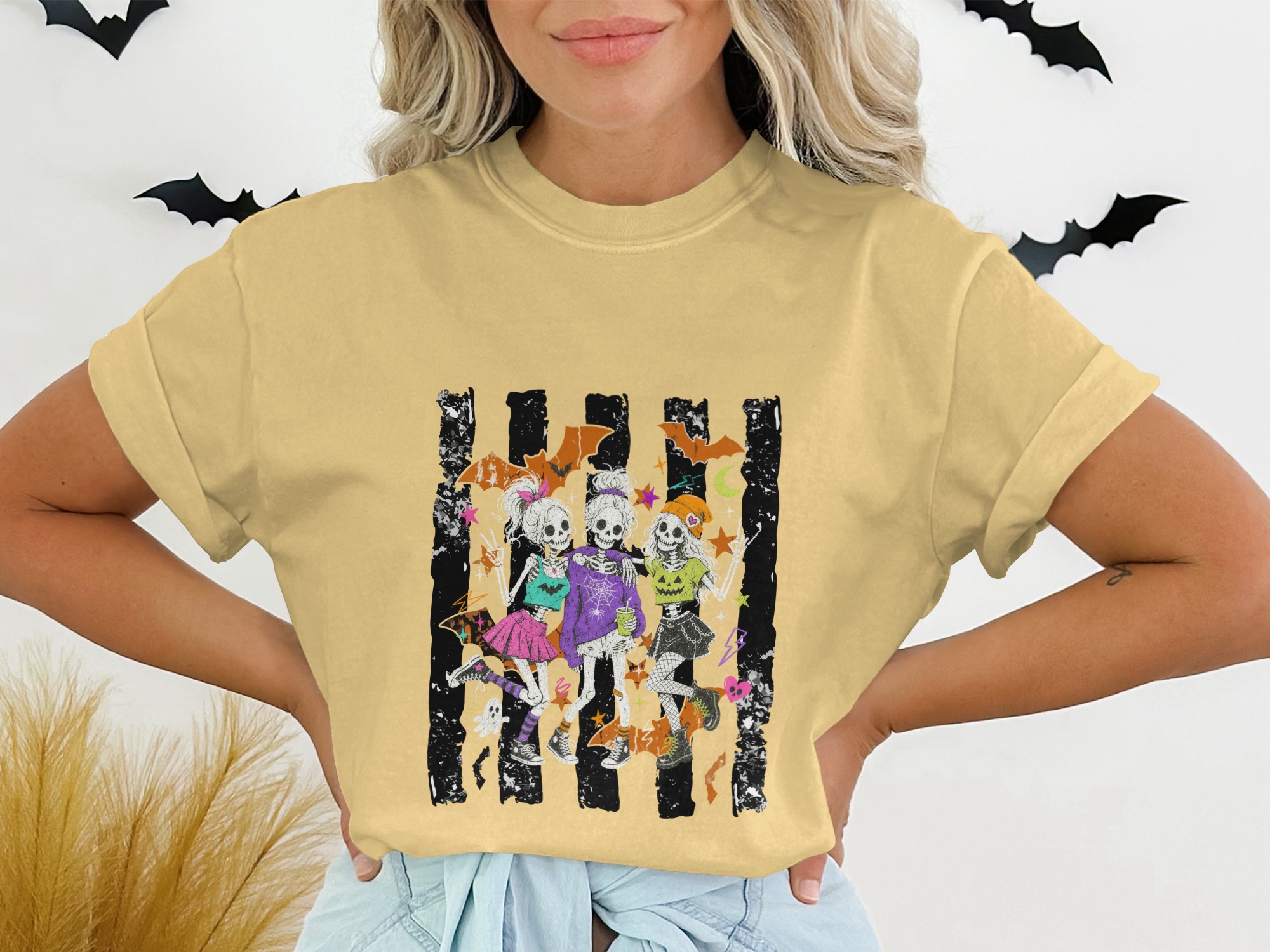 Cute Goth Skeleton Friends Halloween T-Shirt | Spooky Skull Besties Graphic Tee | October Fall Costume Party Shirt | Alternative Aesthetic - Image 4