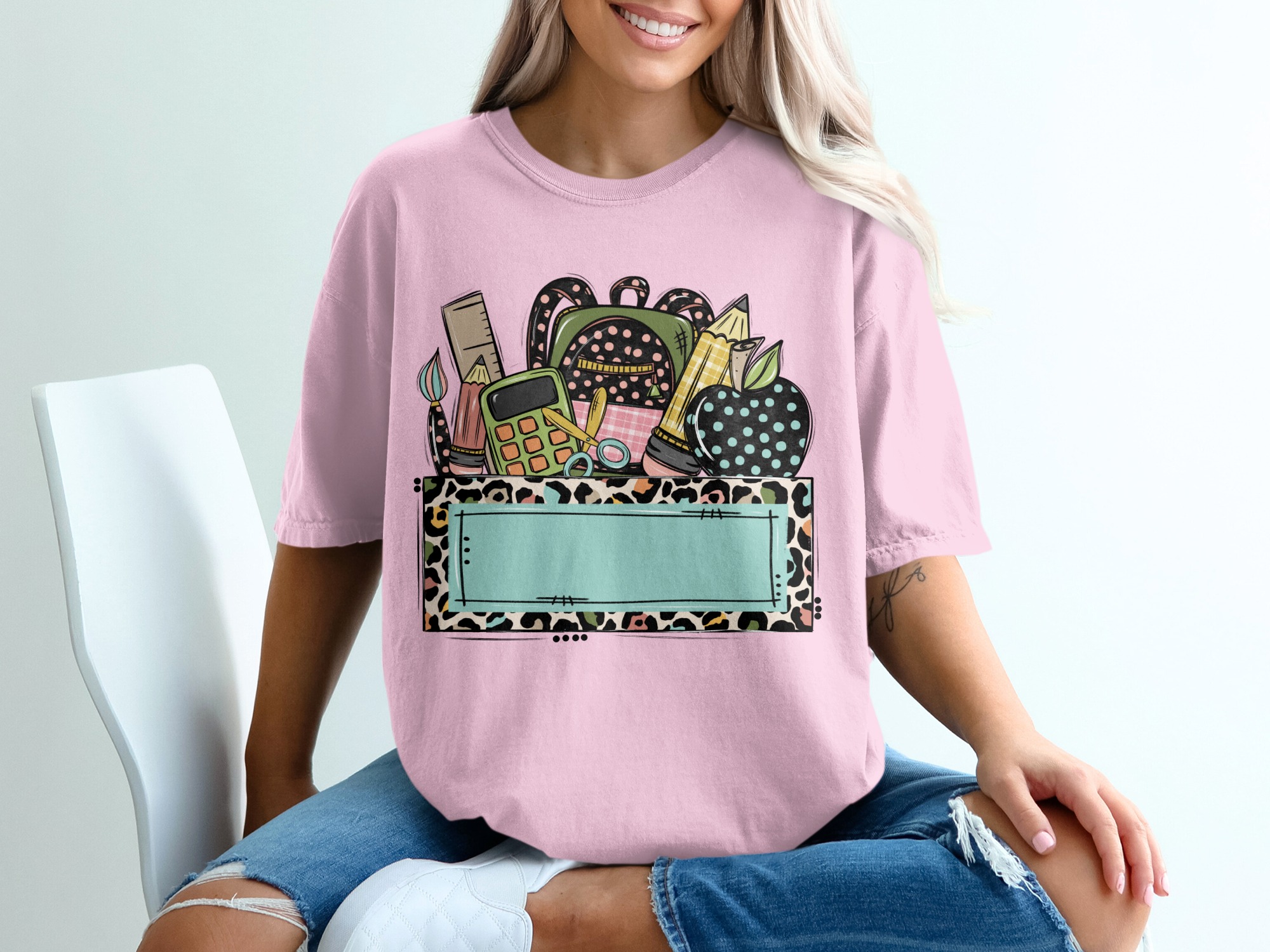 Custom Teacher School Supplies T-Shirt | Personalized Educator Gift, Back to School, Leopard Print Top - Image 17