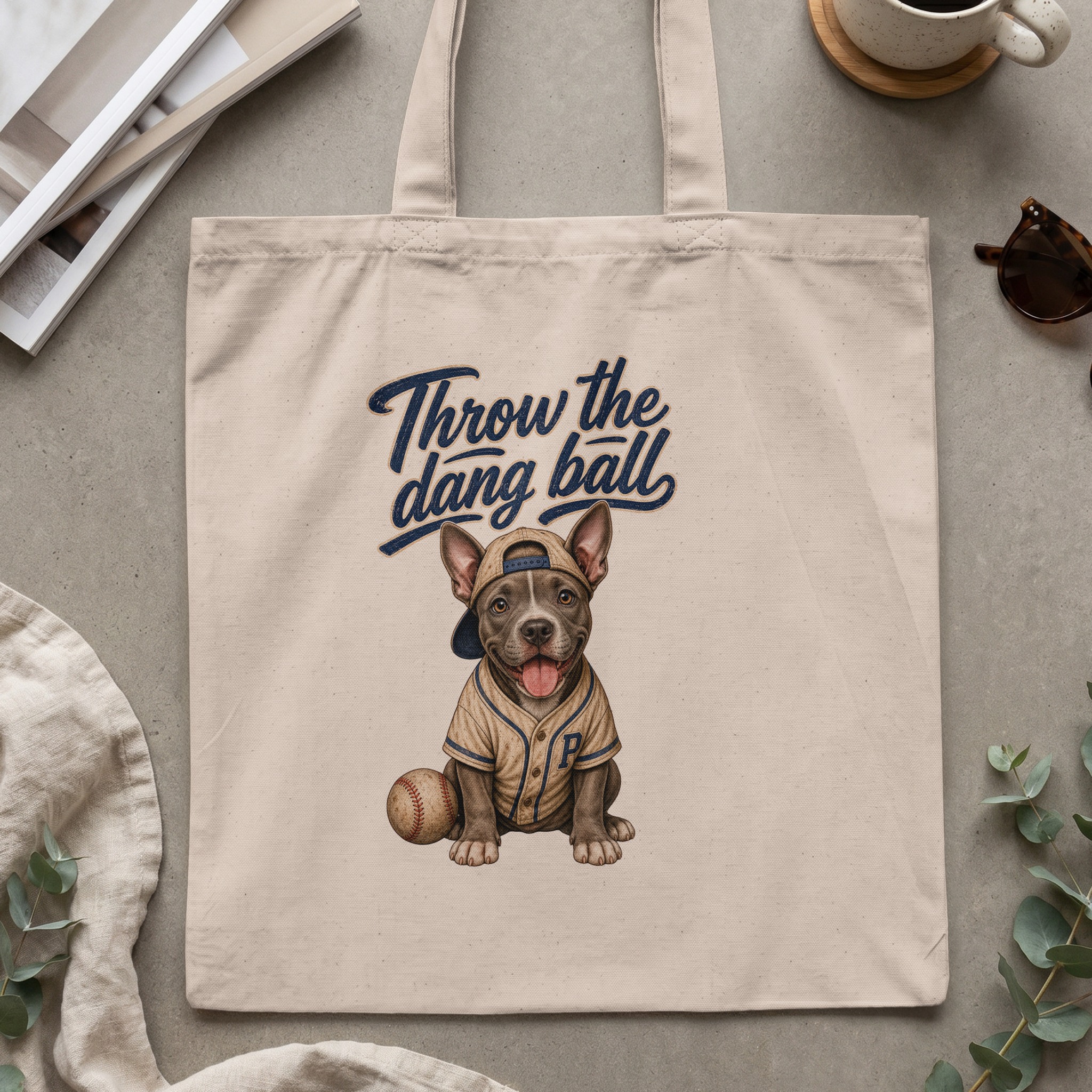 Baseball Dog Tote Bag, 'Throw the Dang Ball' Puppy Lover Reusable Canvas Shopper Bag, Cute Pet Mom Gift - Image 2