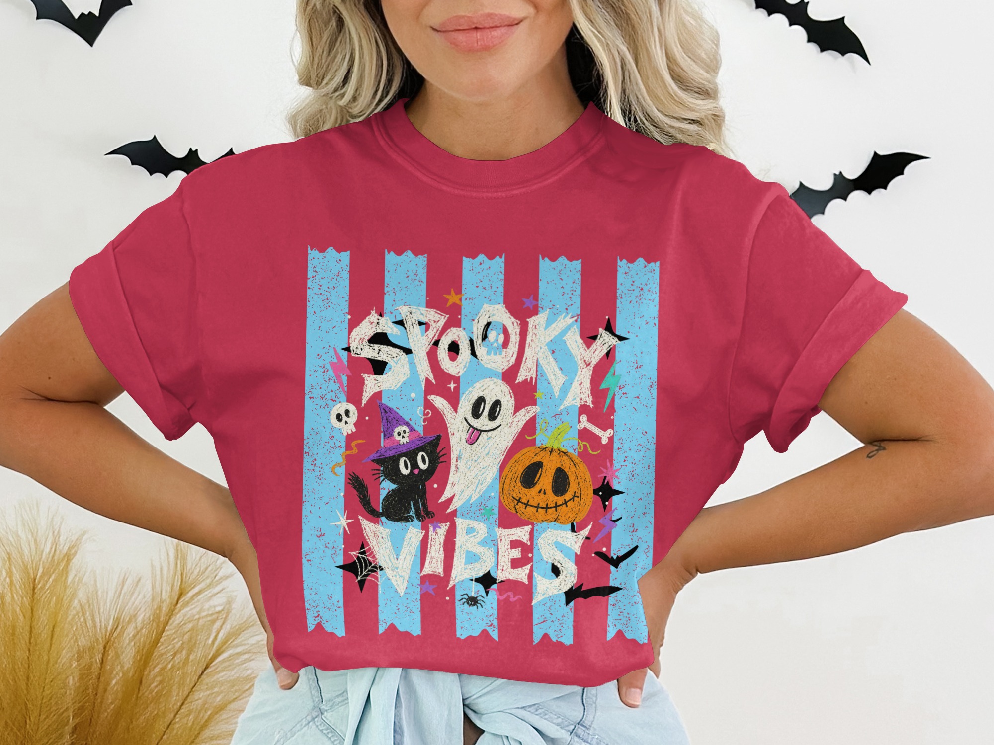 Spooky Vibes Halloween Graphic Tee | Cute Ghost Witchy Cat Jack O Lantern Fall Season Women's Trendy Funny Spooky T-Shirt Gift - Image 11