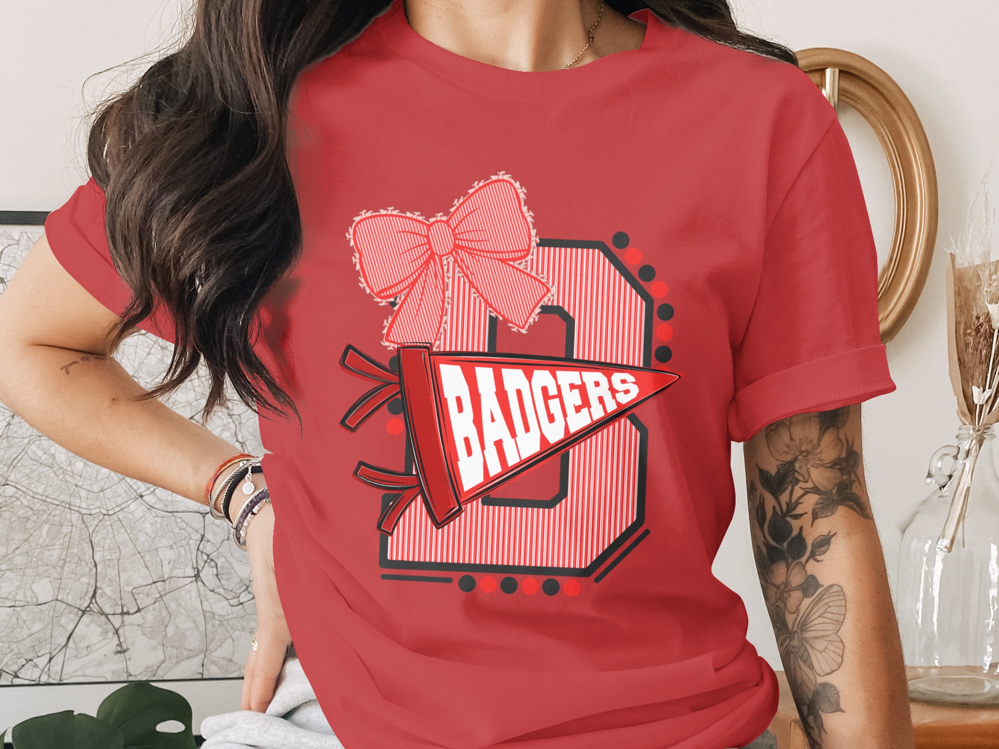 Custom Initial T-Shirt with Bow, Personalized Varsity Style Pennant Design, School Spirit College Team Mascot Letter Tee - Image 4