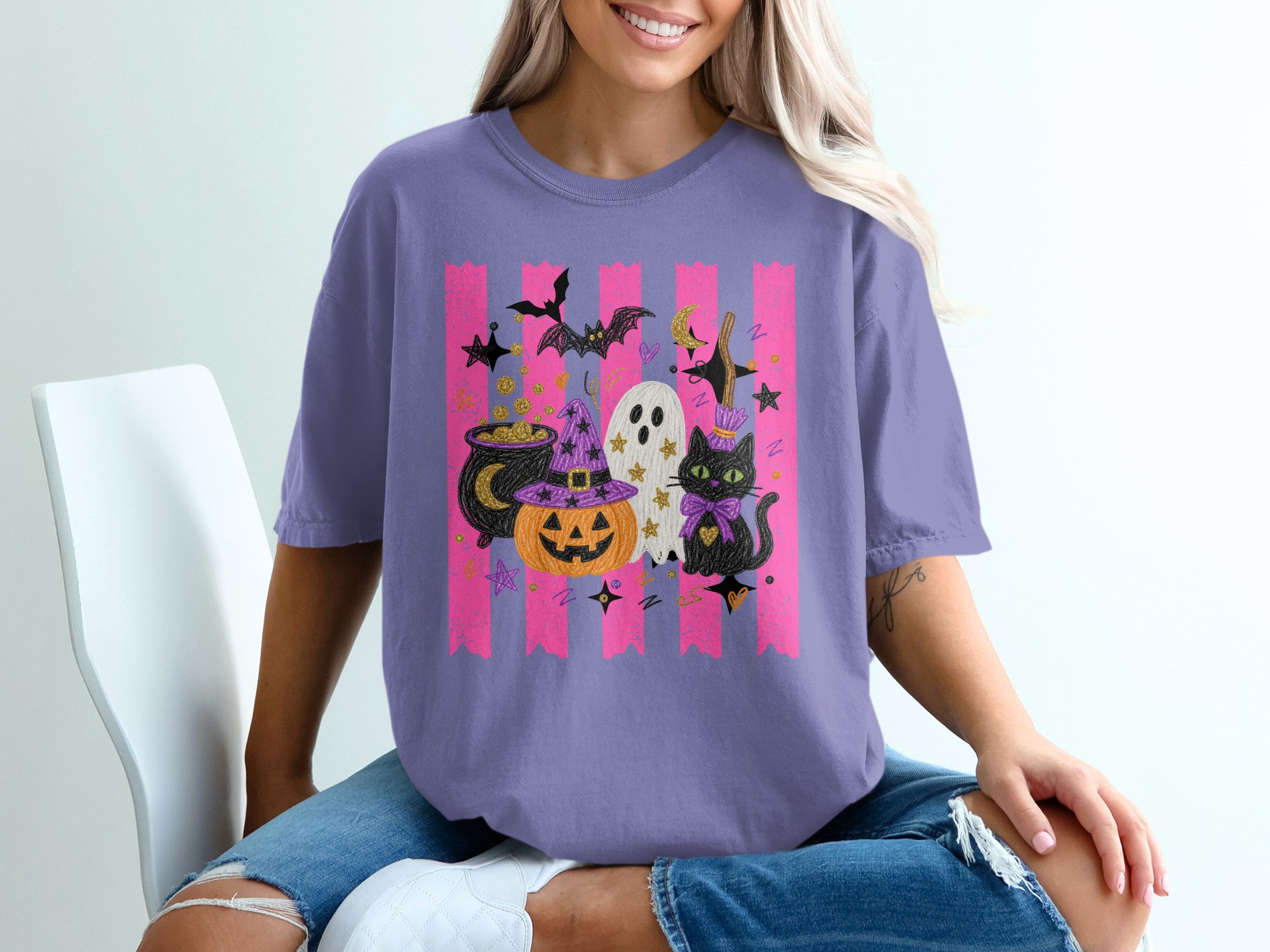 Cute Halloween T-Shirt for Women, Spooky Season Ghoul Gang Shirt, Pink Witchy Pumpkin Ghost Cat Tee, Kawaii Fall Gift Idea - Image 6
