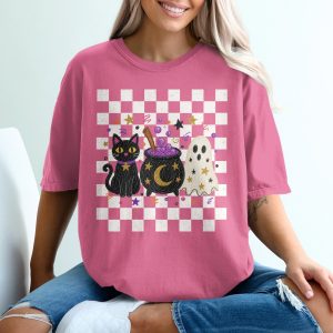 Spooky Cute Halloween T-Shirt | Whimsical Black Cat Cauldron Ghost Tee | Celestial Autumn Graphic Shirt | Fun Fall Season Gift for Her
