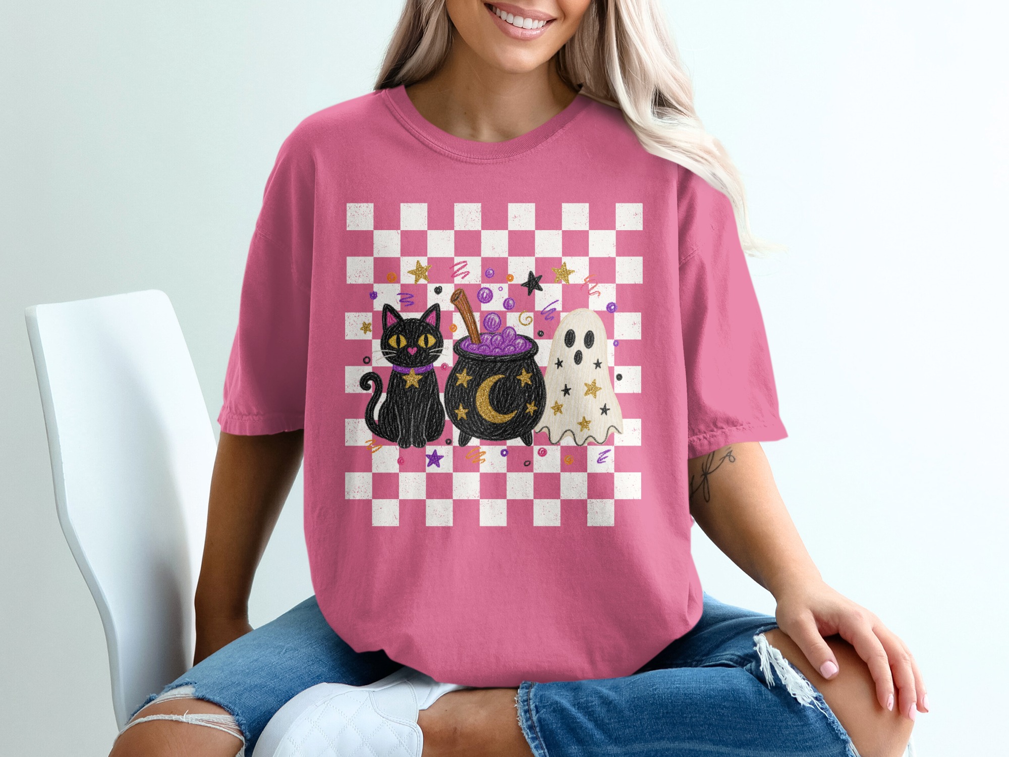 Spooky Cute Halloween T-Shirt | Whimsical Black Cat Cauldron Ghost Tee | Celestial Autumn Graphic Shirt | Fun Fall Season Gift for Her