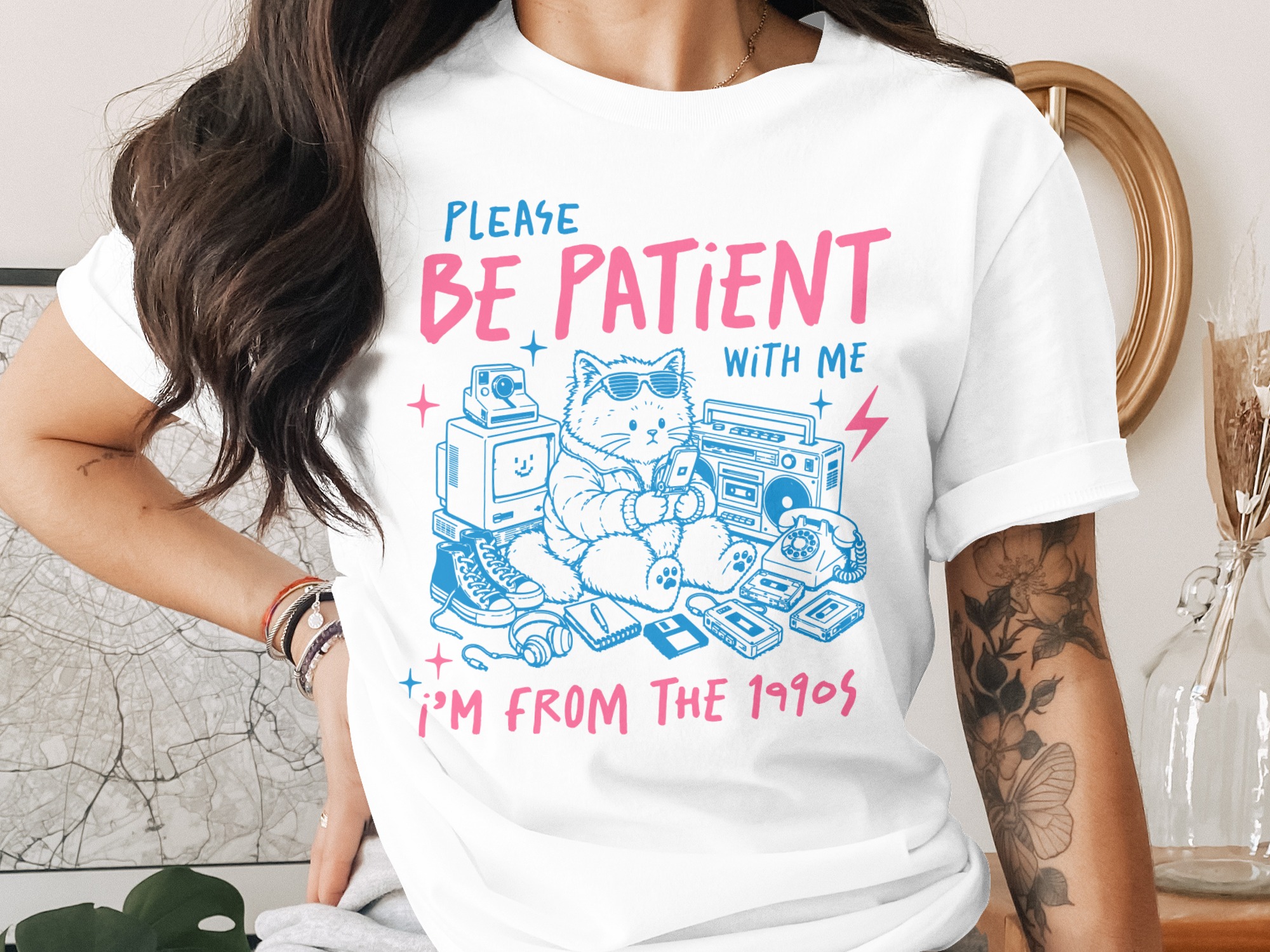 Please Be Patient 1990s Cat Shirt, Retro Tech Aesthetic Tee, Funny Millennial Nostalgia Gift T-Shirt