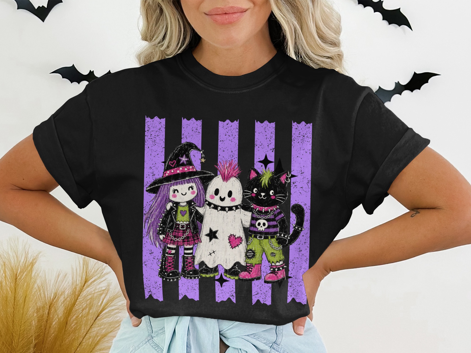 Spooky Cute Goth Friends T-Shirt, Pastel Punk Rock Witch Ghost Cat Halloween Shirt, Alternative Aesthetic Crewneck Tee - Image 2