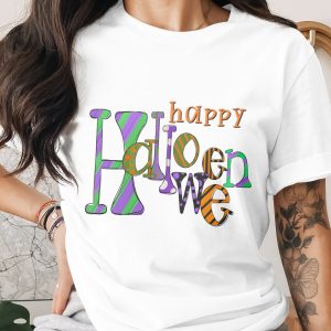 Happy Halloween T-Shirt, Funky Patterned Letters Festive Spooky Season Tee, Cute Womens Fall Party Outfit Gift