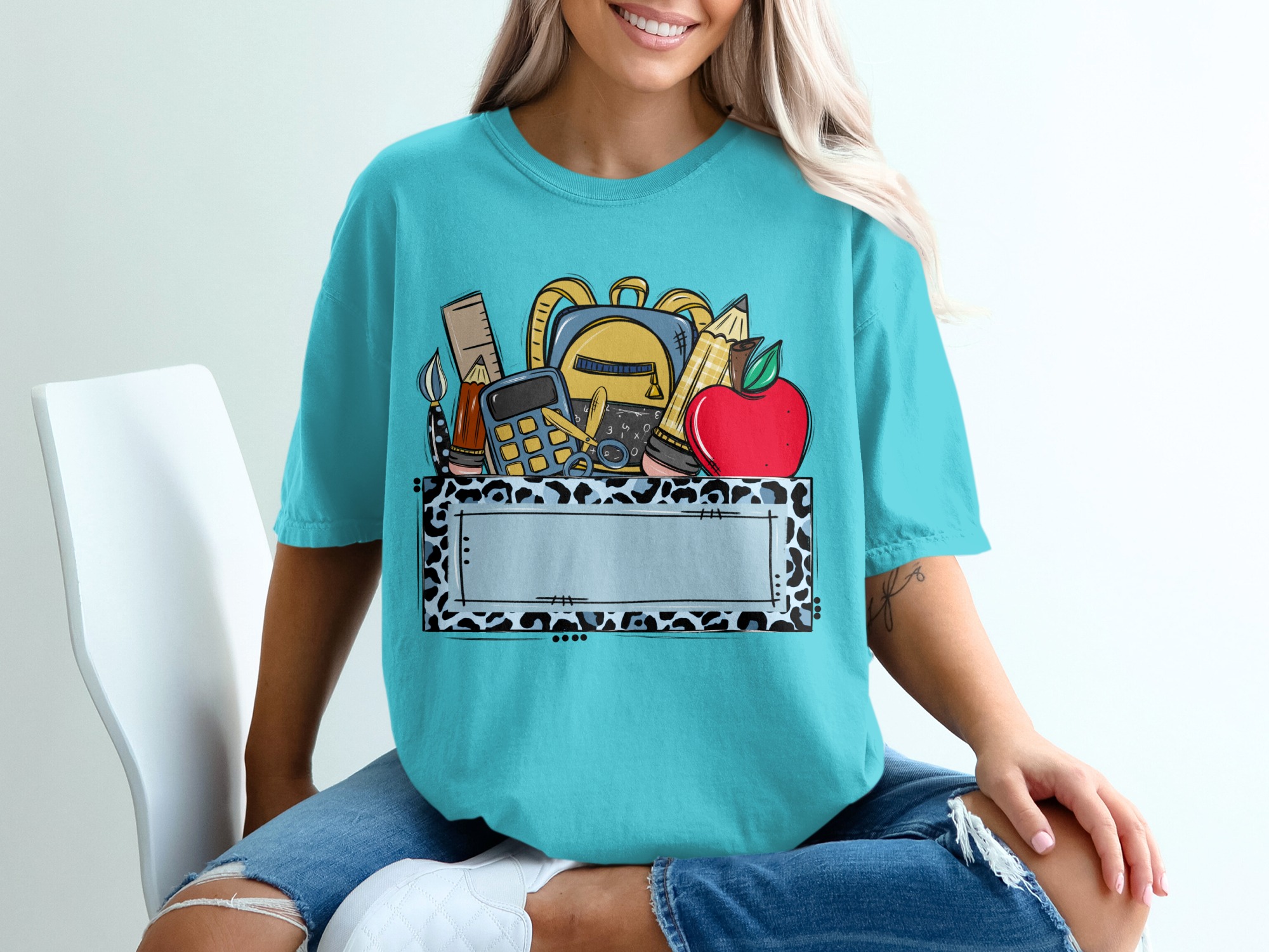 Custom Teacher T-Shirt, Personalized School Supplies Tee with Blue Leopard Print, Back to School Educator Gift, Made to Order Mascot Name - Image 9