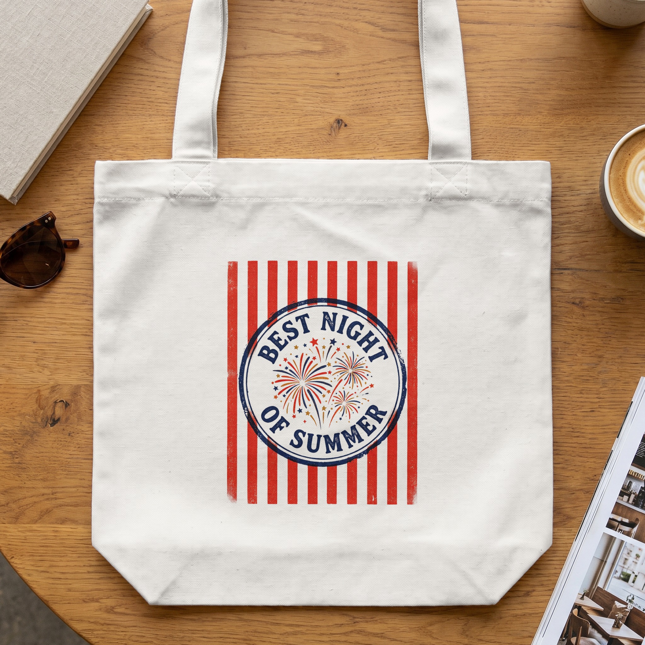 Fourth of July Tote Bag, Best Night of Summer Fireworks Graphic, Patriotic Americana Beach Bag Gift