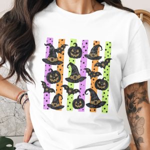 Comfort Colors ® Spooky Cute Halloween T-Shirt, Faux Glitter Witch Hat Bat Pumpkin Design, Retro Stripes Polka Dot Women's Fall Tee