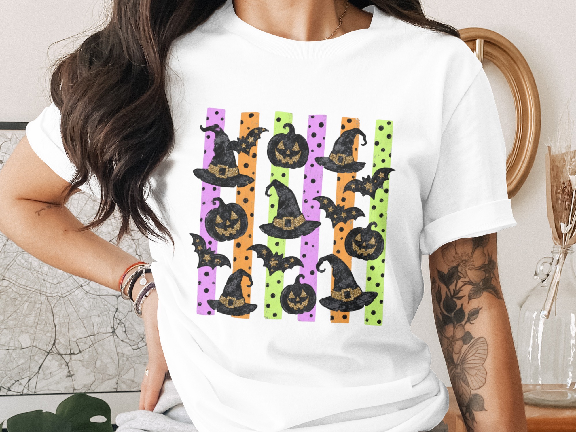 Comfort Colors ® Spooky Cute Halloween T-Shirt, Faux Glitter Witch Hat Bat Pumpkin Design, Retro Stripes Polka Dot Women's Fall Tee