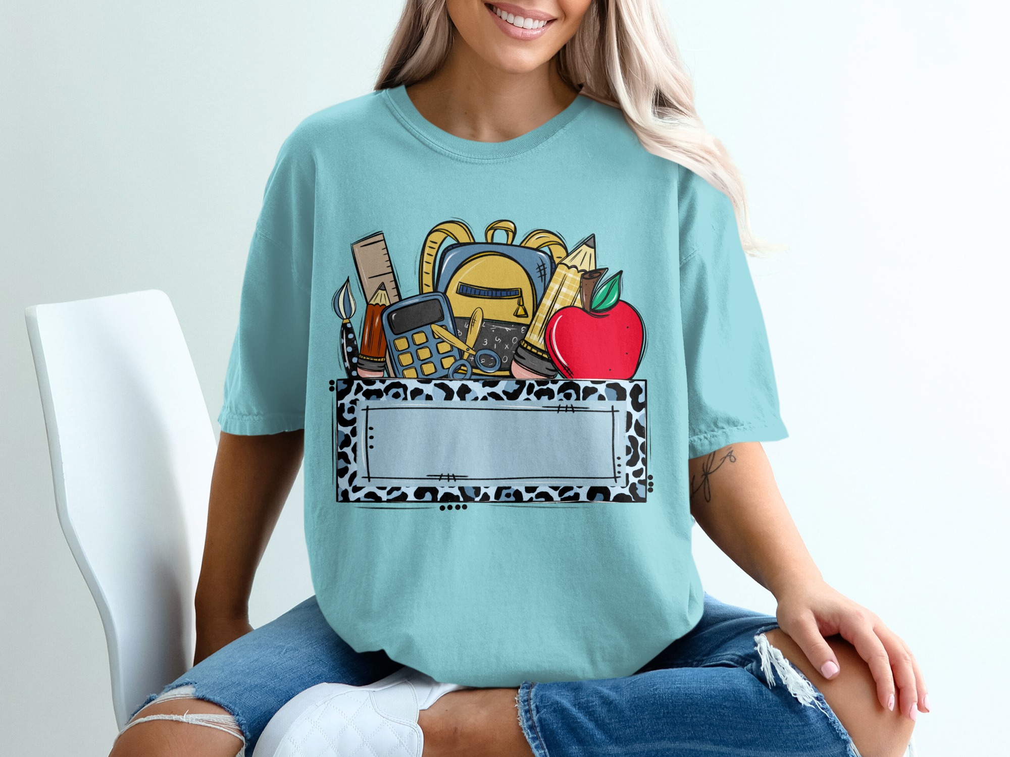 Custom Teacher T-Shirt, Personalized School Supplies Tee with Blue Leopard Print, Back to School Educator Gift, Made to Order Mascot Name - Image 19