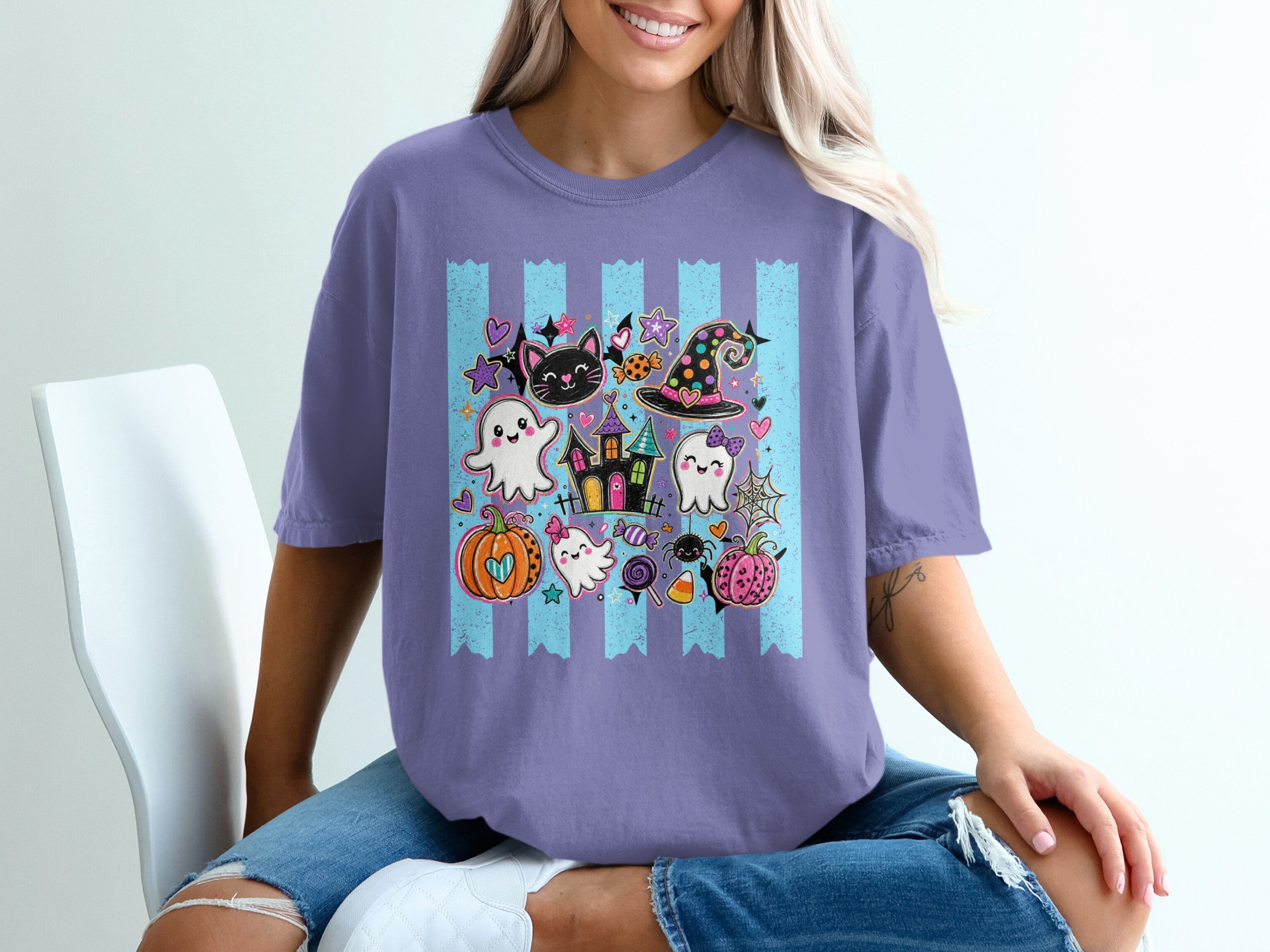 Cute Halloween Spooky Ghost T-Shirt, Kawaii Black Cat Witch Hat Pumpkin Tee, Whimsical Trick or Treat Kids & Adult Gift - Image 6