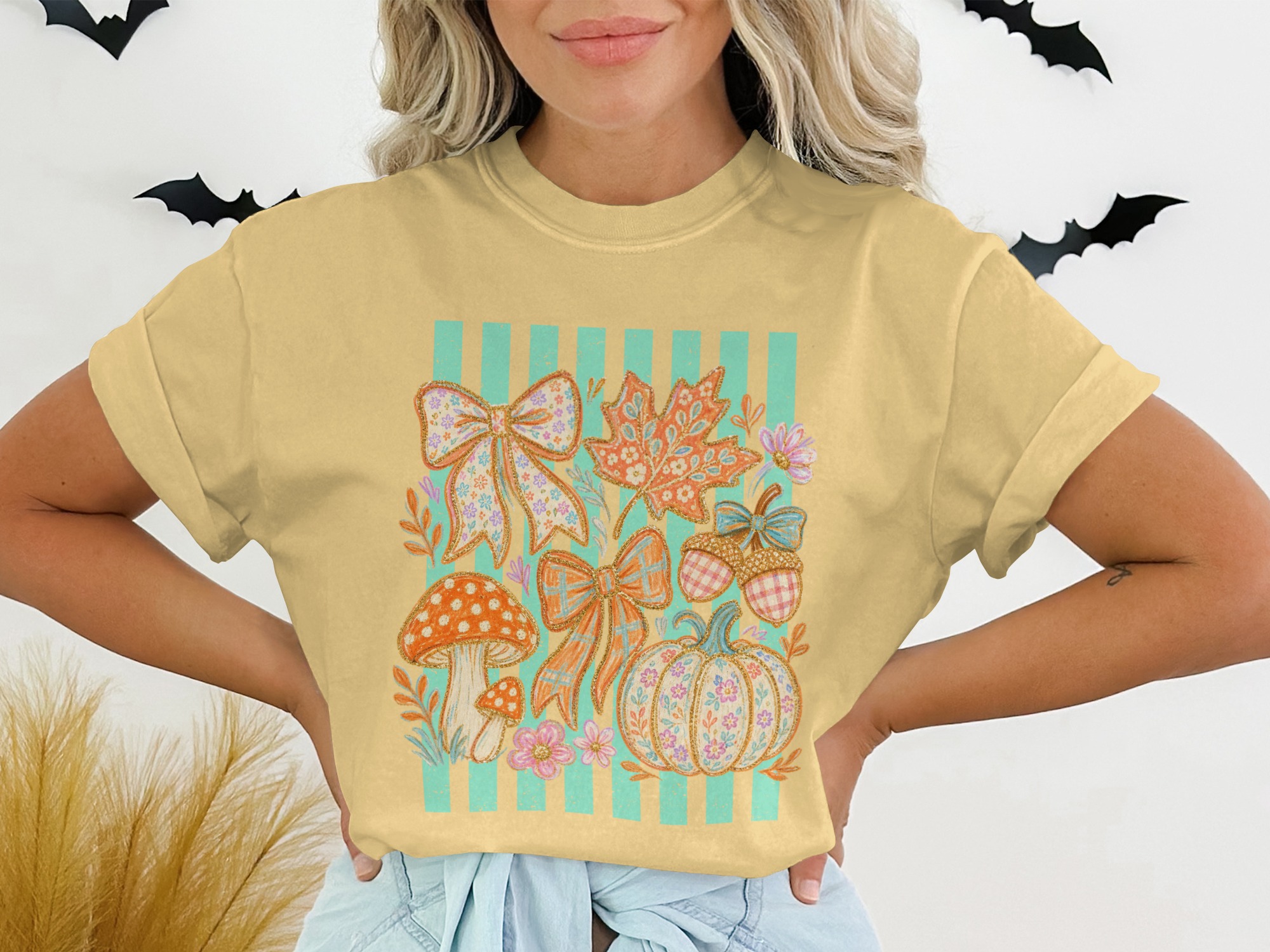 Cottagecore Mushroom Bows & Pumpkin Fall T-Shirt | Whimsical Autumn Leaves Acorns Graphic Cozy Nature Tee Gift - Image 7