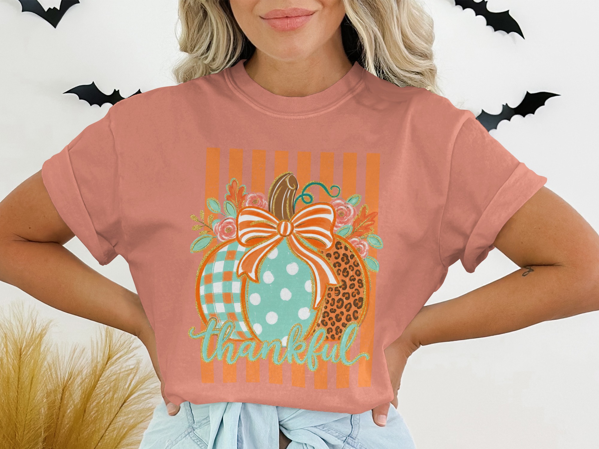 Thankful Pumpkin Patch Fall T-Shirt, Boho Leopard Gingham Polka Dot Autumn Harvest Thanksgiving Graphic Tee for Women - Image 2