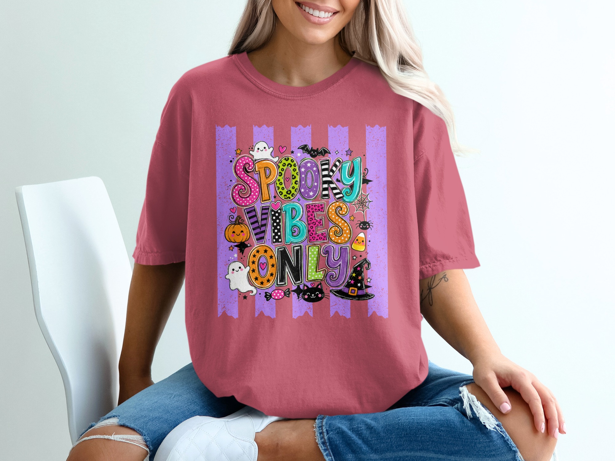 Spooky Vibes Only Halloween T-Shirt | Cute Fall Season Tee | Ghost Pumpkin Witch Hat Black Cat | Fun Holiday Top - Image 6