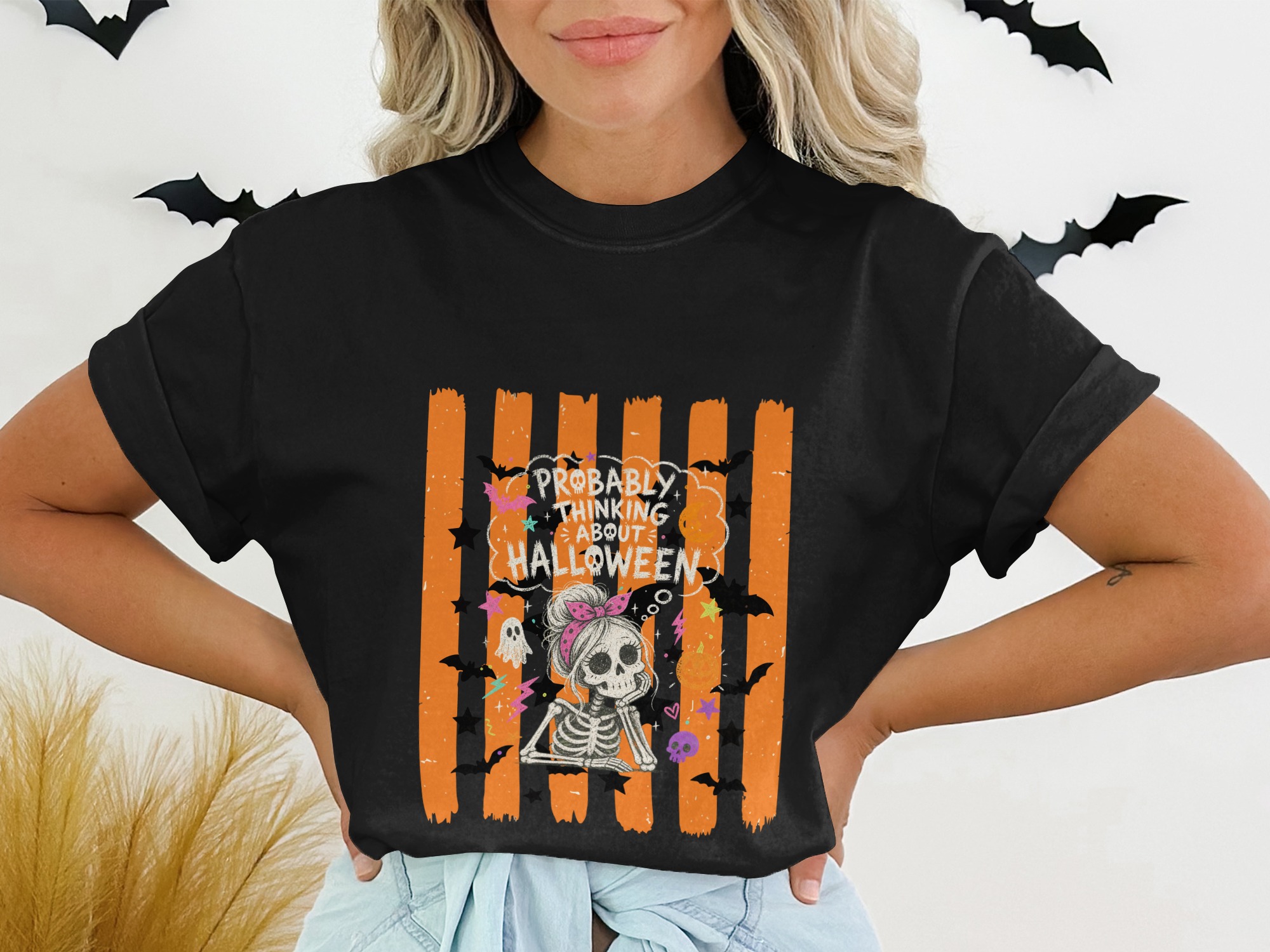 Probably Thinking About Halloween Cute Skeleton T-Shirt, Spooky Season Bat & Ghost Tee, Funny Fall Vibe Top For Women