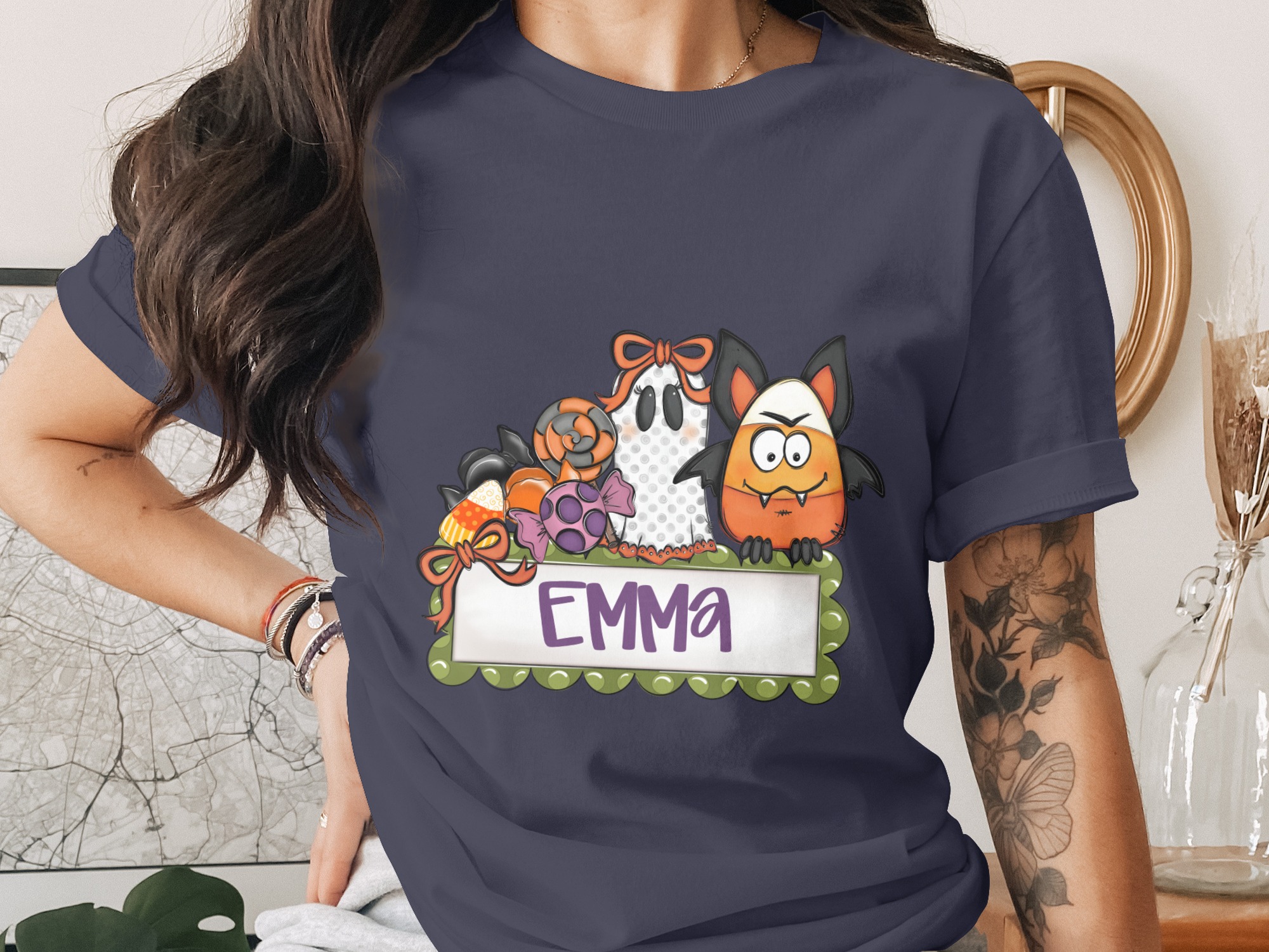 Personalized Halloween T-Shirt, Cute Spooky Ghost & Candy Corn Bat Fall Kids Name Shirt, Custom Trick or Treat Birthday Gift Idea - Image 5