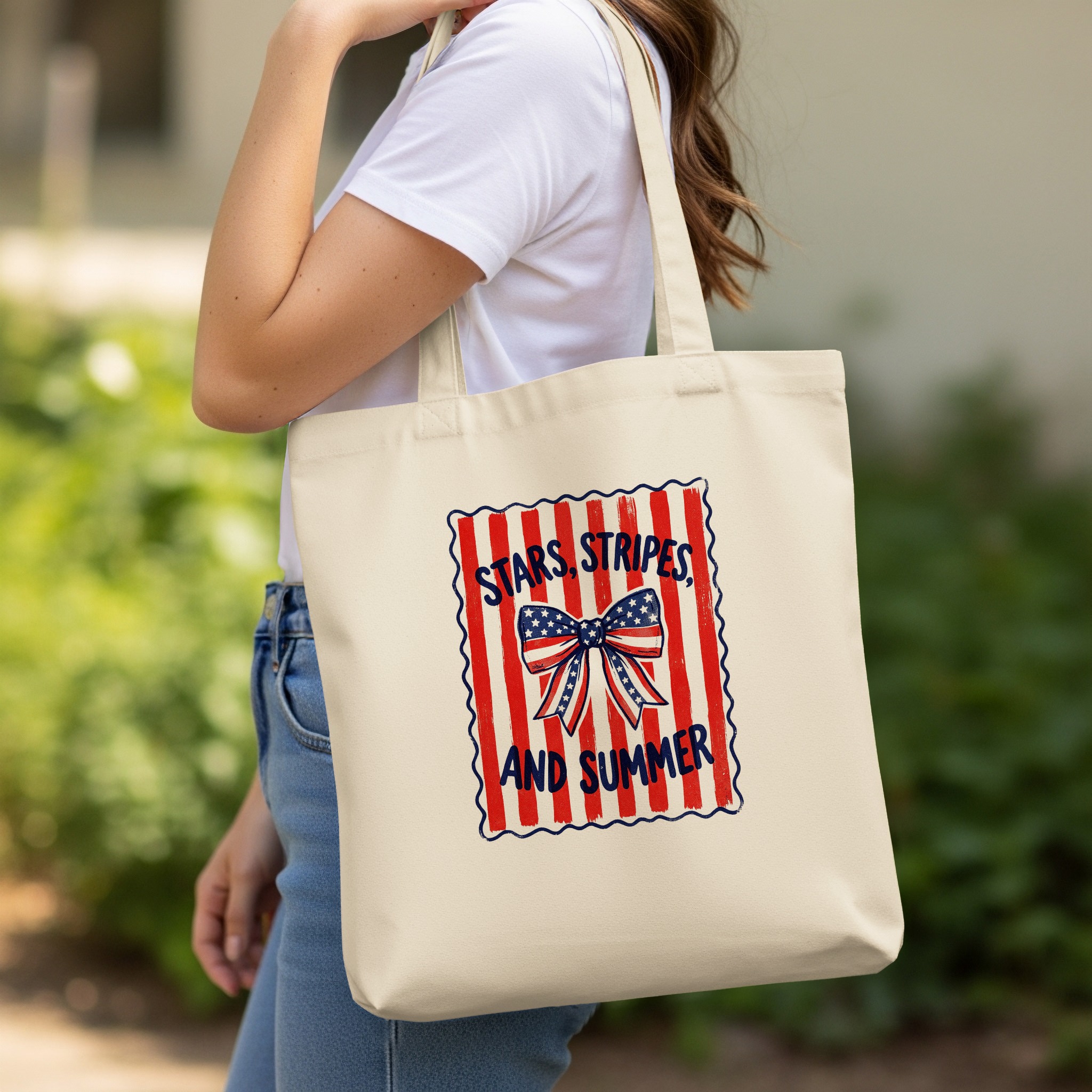 Stars, Stripes, and Summer Tote Bag | Patriotic American Flag Bow Design | Vintage Style Summer Canvas Bag Gift - Image 11