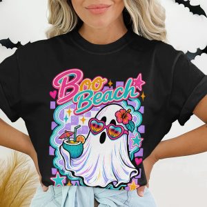 Boo Beach Ghost T-Shirt, Retro Summer Vacation Tee, Spooky Cute Beach Trip Halloween Shirt, Heart Sunglasses Coconut Drink Graphic Top