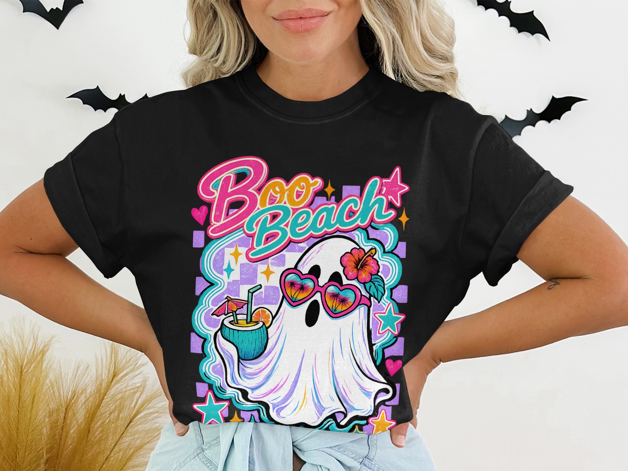 Boo Beach Ghost T-Shirt, Retro Summer Vacation Tee, Spooky Cute Beach Trip Halloween Shirt, Heart Sunglasses Coconut Drink Graphic Top