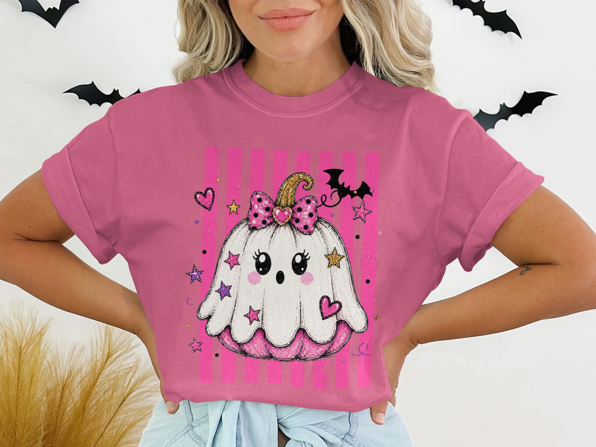 Cute Ghost Pumpkin Halloween Shirt, Spooky Kawaii Pumpkin T-Shirt, Pink Goth Halloween Tee, Trick or Treat Top - Image 13