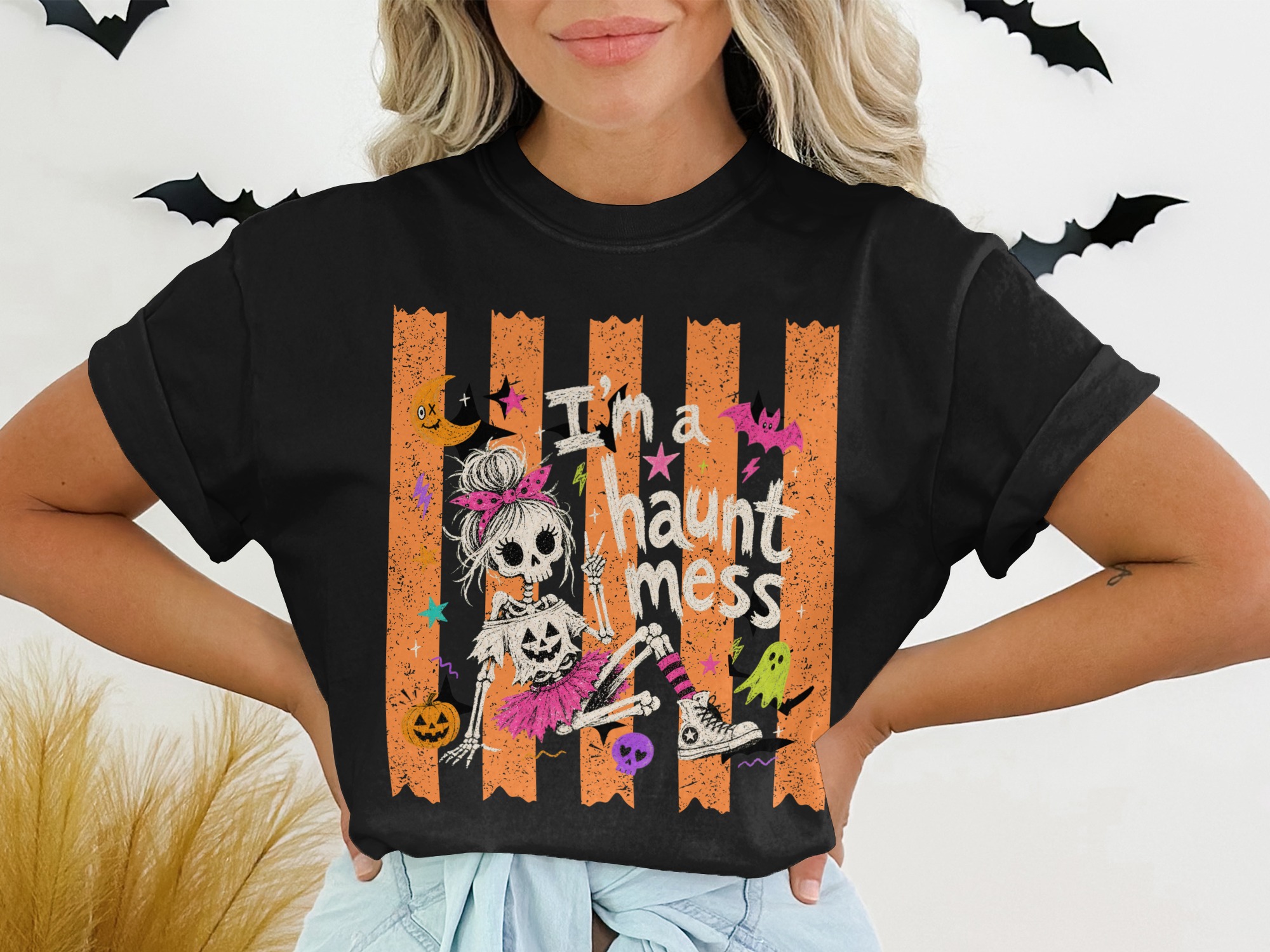 Spooky Cute Haunt Mess Skeleton Girl T-Shirt, Kawaii Pastel Goth Halloween Tee, Fun Y2K Fall Season Shirt for Women & Teens - Image 2