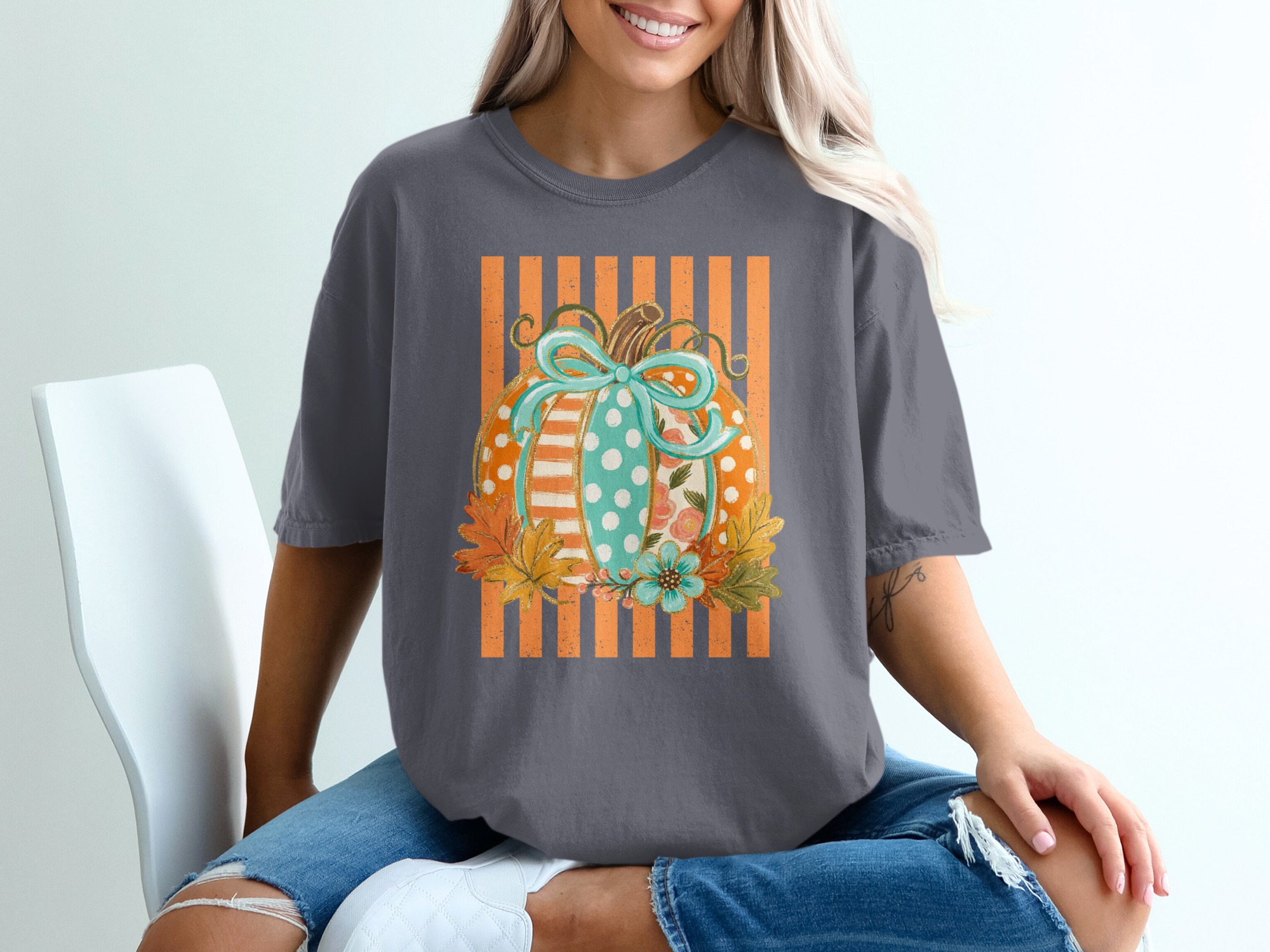 Whimsical Pumpkin T-Shirt, Cute Fall Graphic Tee, Boho Polka Dot Floral Autumn Shirt, Thanksgiving Harvest Top, Cozy Festive Apparel Gift - Image 4