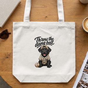 Black Lab Dog Tote Bag, 'Throw the Dang Ball' Funny Puppy Baseball Lover Gift for Dog Mom Dad Shopper Bag
