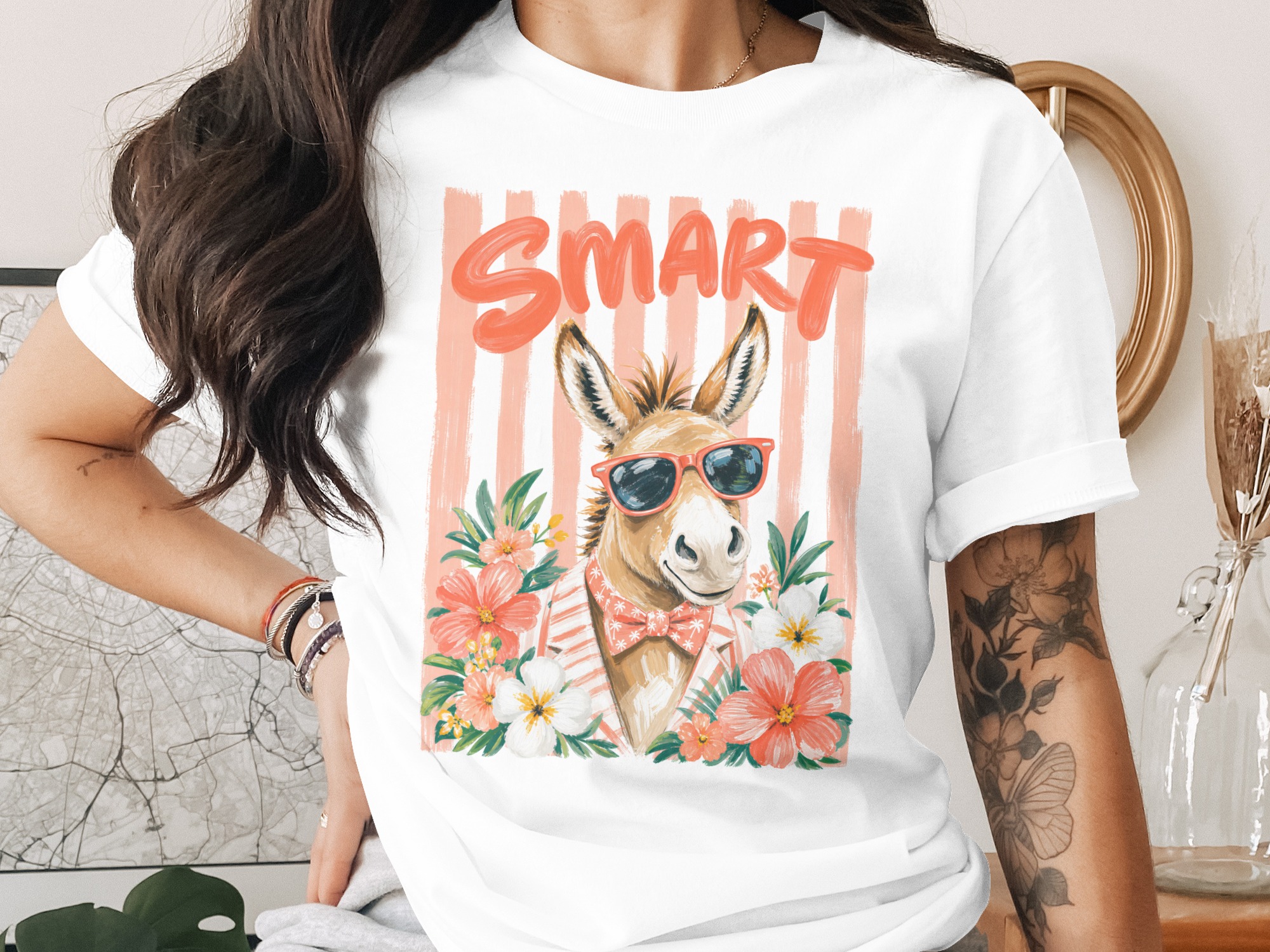 Smart Donkey T-Shirt | Funny Animal Tee with Sunglasses | Tropical Hawaiian Vibe Summer Graphic Shirt | Quirky Teacher Gift