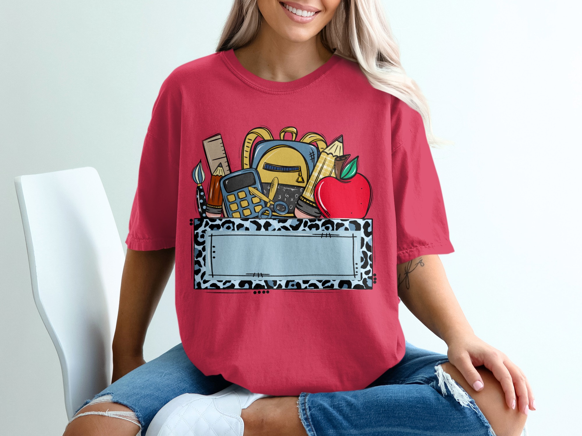 Custom Teacher T-Shirt, Personalized School Supplies Tee with Blue Leopard Print, Back to School Educator Gift, Made to Order Mascot Name - Image 14