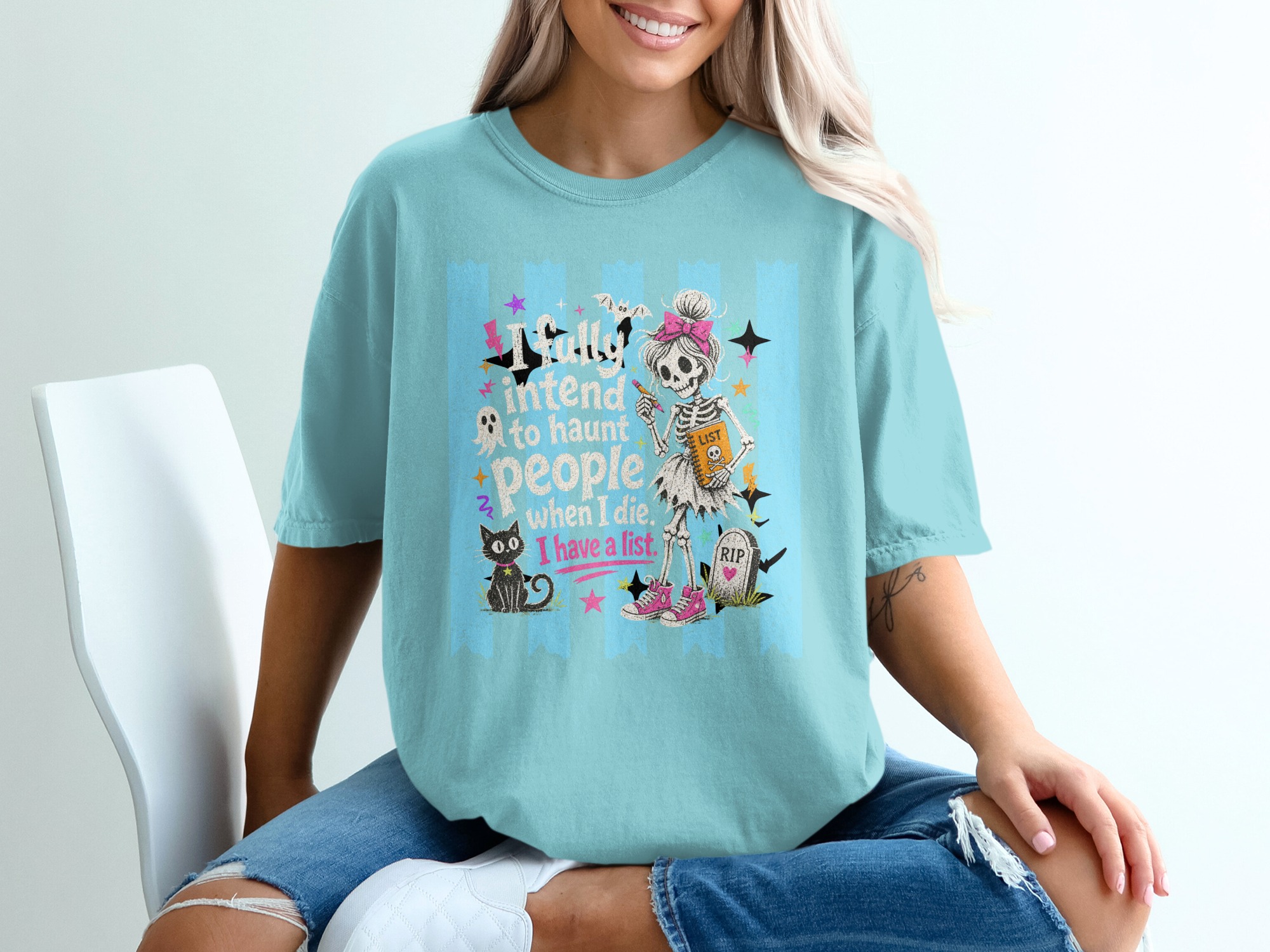 I Have A List Skeleton T-Shirt, Funny Halloween Tee, Sassy Spooky Cute Pastel Goth Shirt, Black Cat Ghost List Graphic Tee Gift - Image 8