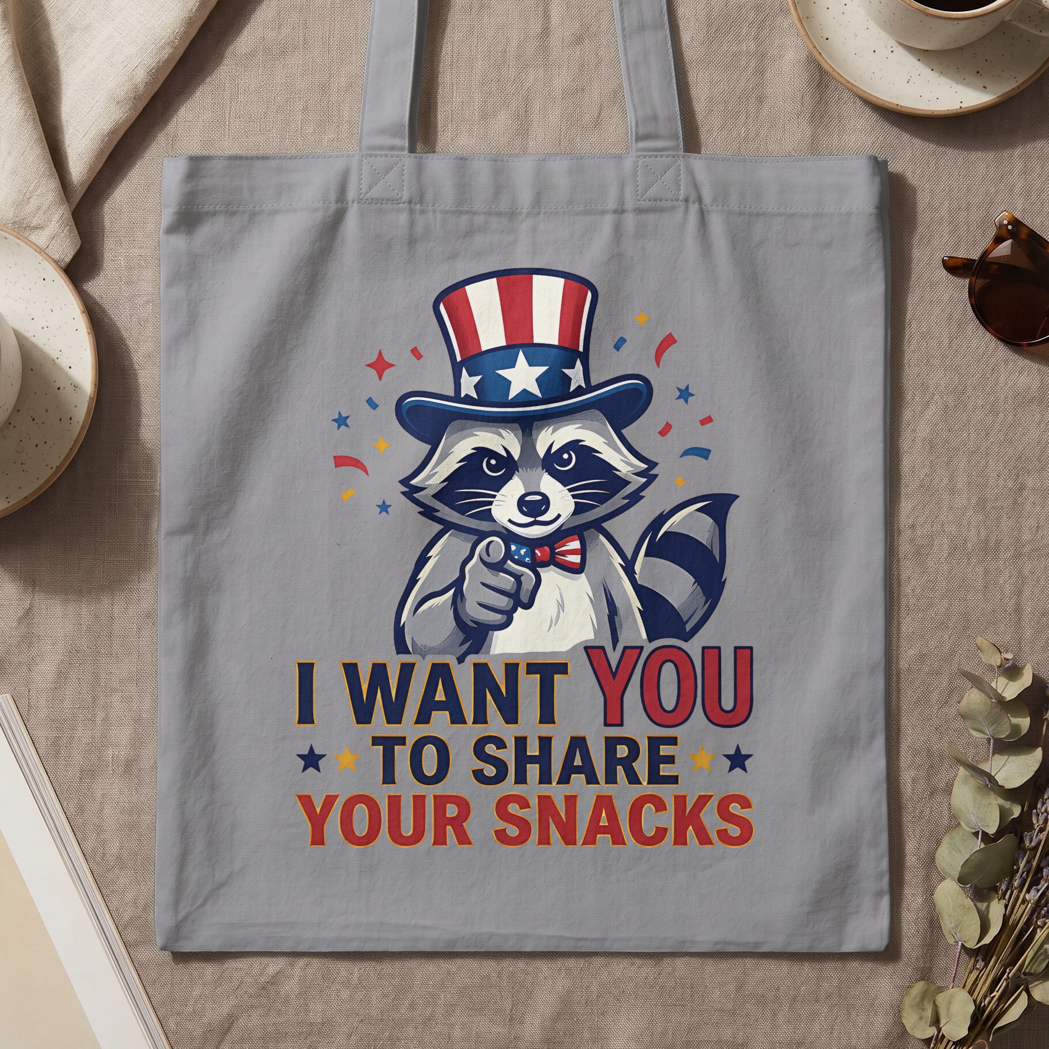 Funny Raccoon Tote Bag, I Want You To Share Snacks, Quirky Uncle Sam Animal Canvas Shopper Carryall Gift - Image 3