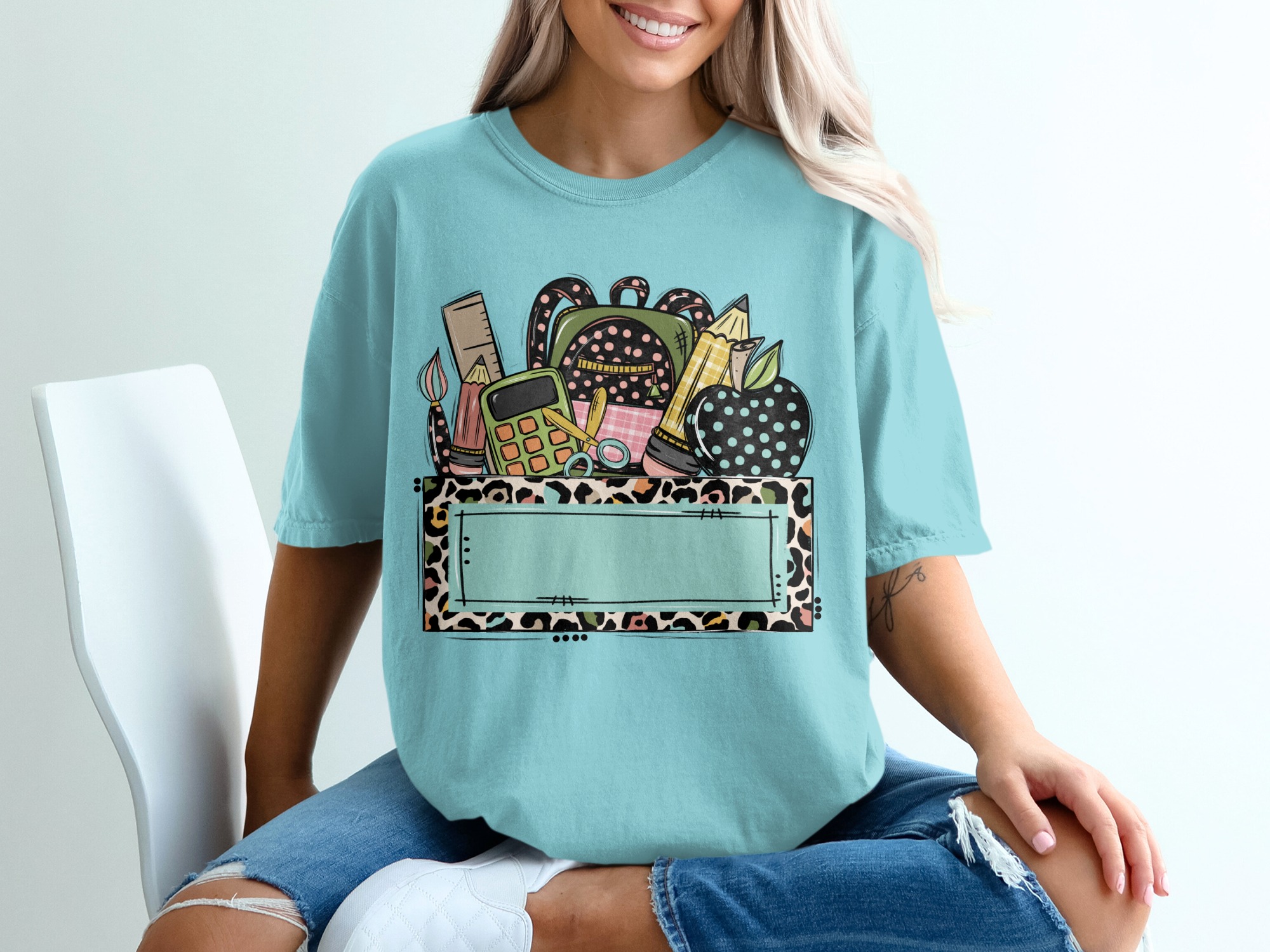 Custom Teacher School Supplies T-Shirt | Personalized Educator Gift, Back to School, Leopard Print Top - Image 19