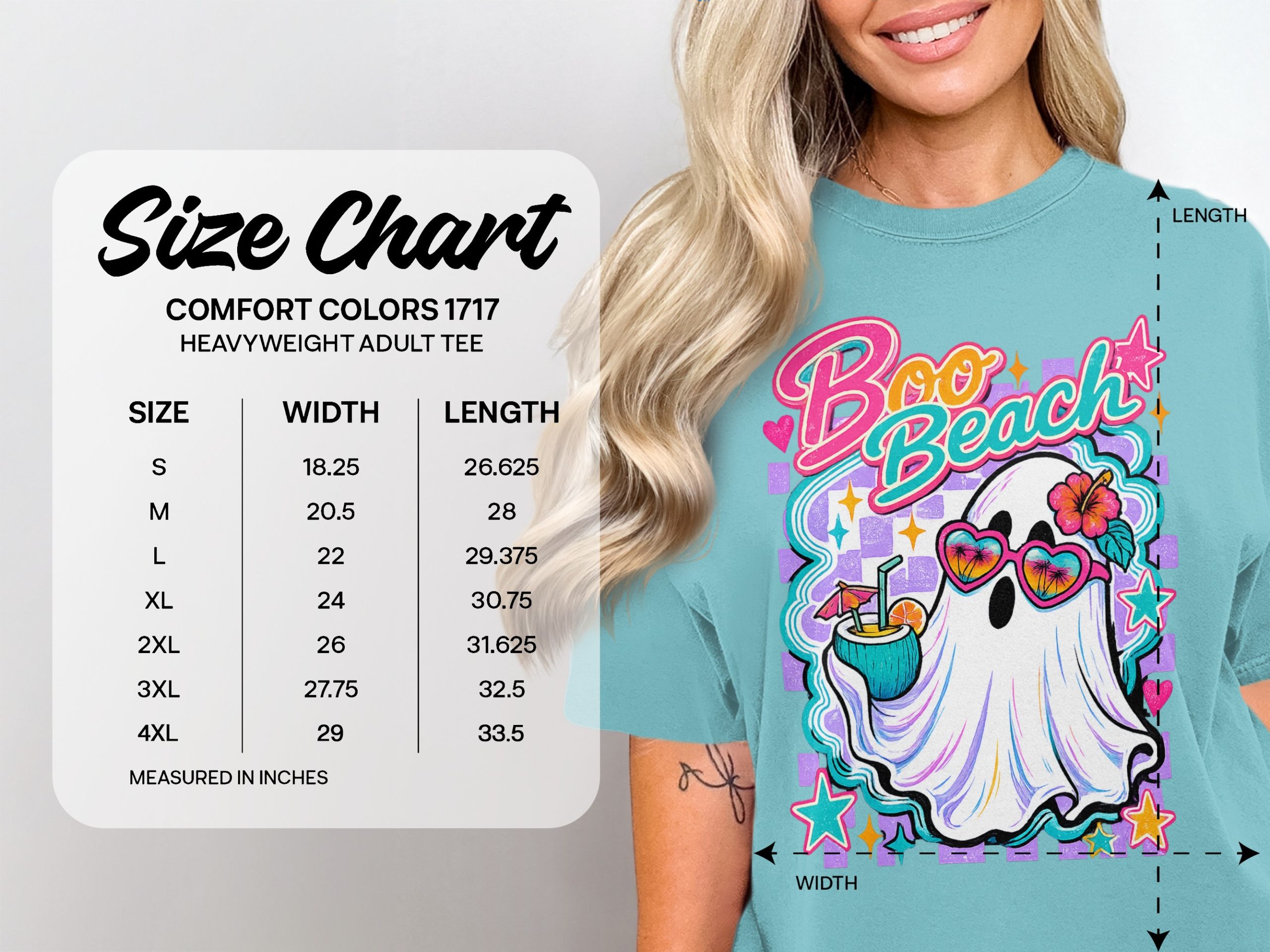Boo Beach Ghost T-Shirt, Retro Summer Vacation Tee, Spooky Cute Beach Trip Halloween Shirt, Heart Sunglasses Coconut Drink Graphic Top - Image 4