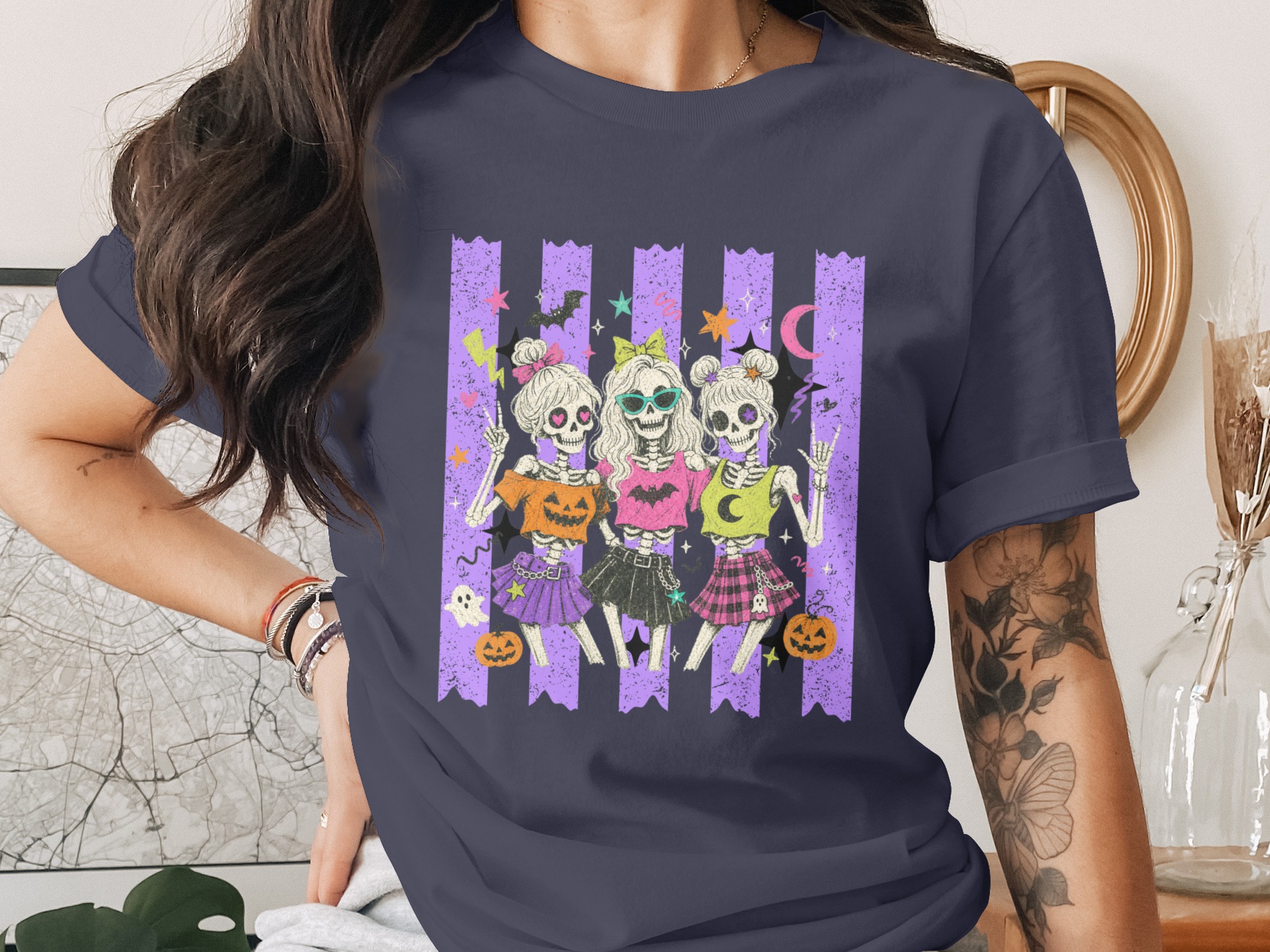 Spooky Skeleton Friends Halloween T-Shirt, Pastel Goth Skull Girl Gang Tee, Aesthetic Fall Party Outfit - Image 3