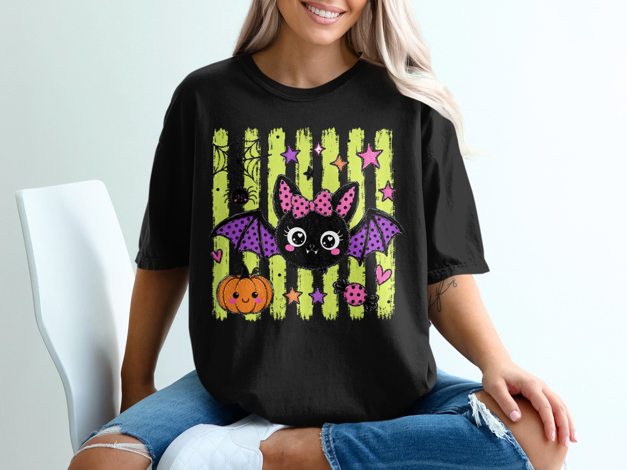 Comfort Colors ® Cute Halloween Bat T-Shirt | Kawaii Spooky Season Tee, Pink Bow Bat, Pumpkin & Stars, Fall Graphic Top Gift - Image 4