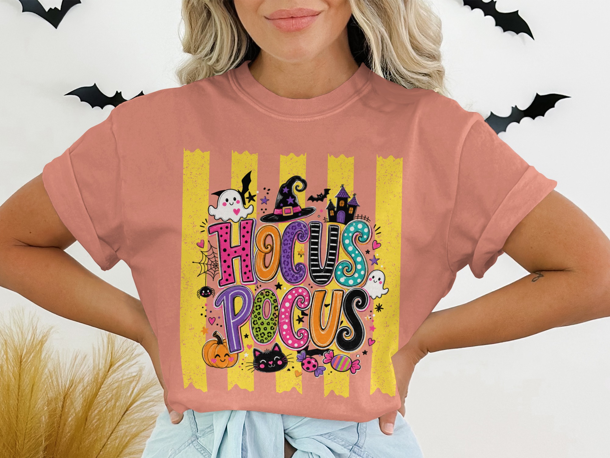 Hocus Pocus Halloween T-Shirt | Cute Spooky Season Witch Tee with Ghosts, Pumpkin, Black Cat & Bats | Fall Party Top for Women - Image 3