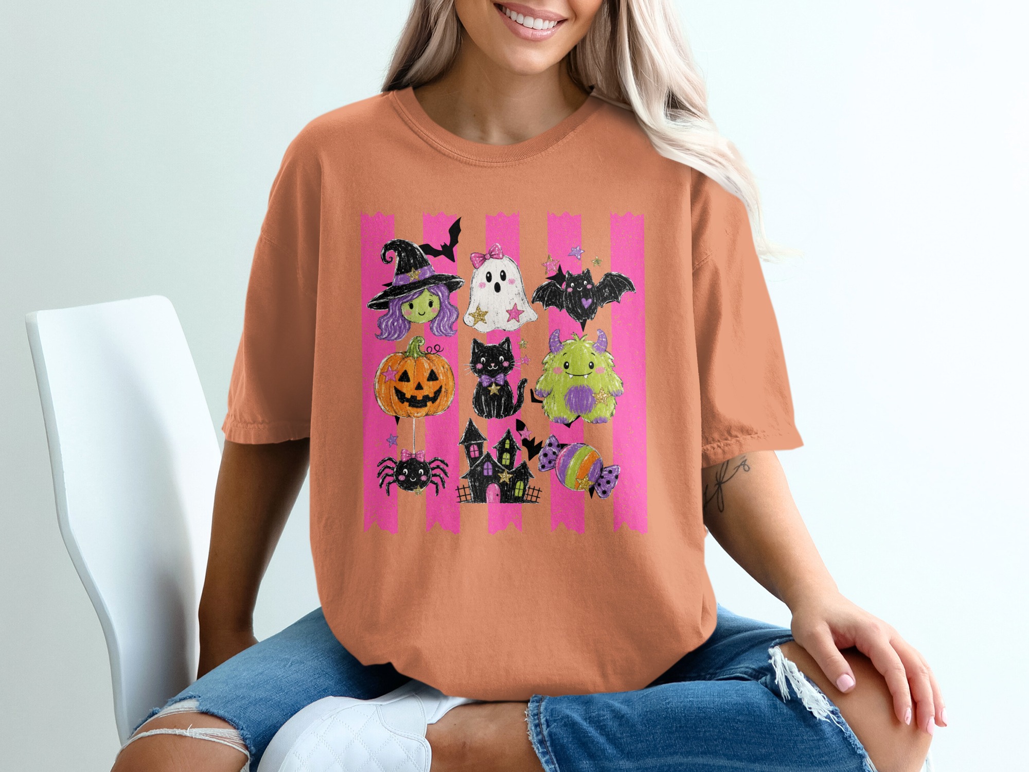 Cute Halloween T-Shirt, Spooky Season Witch Ghost Bat Pumpkin Cat Monster Spider Haunted House Candy Pink Stripes Graphic Tee - Image 4