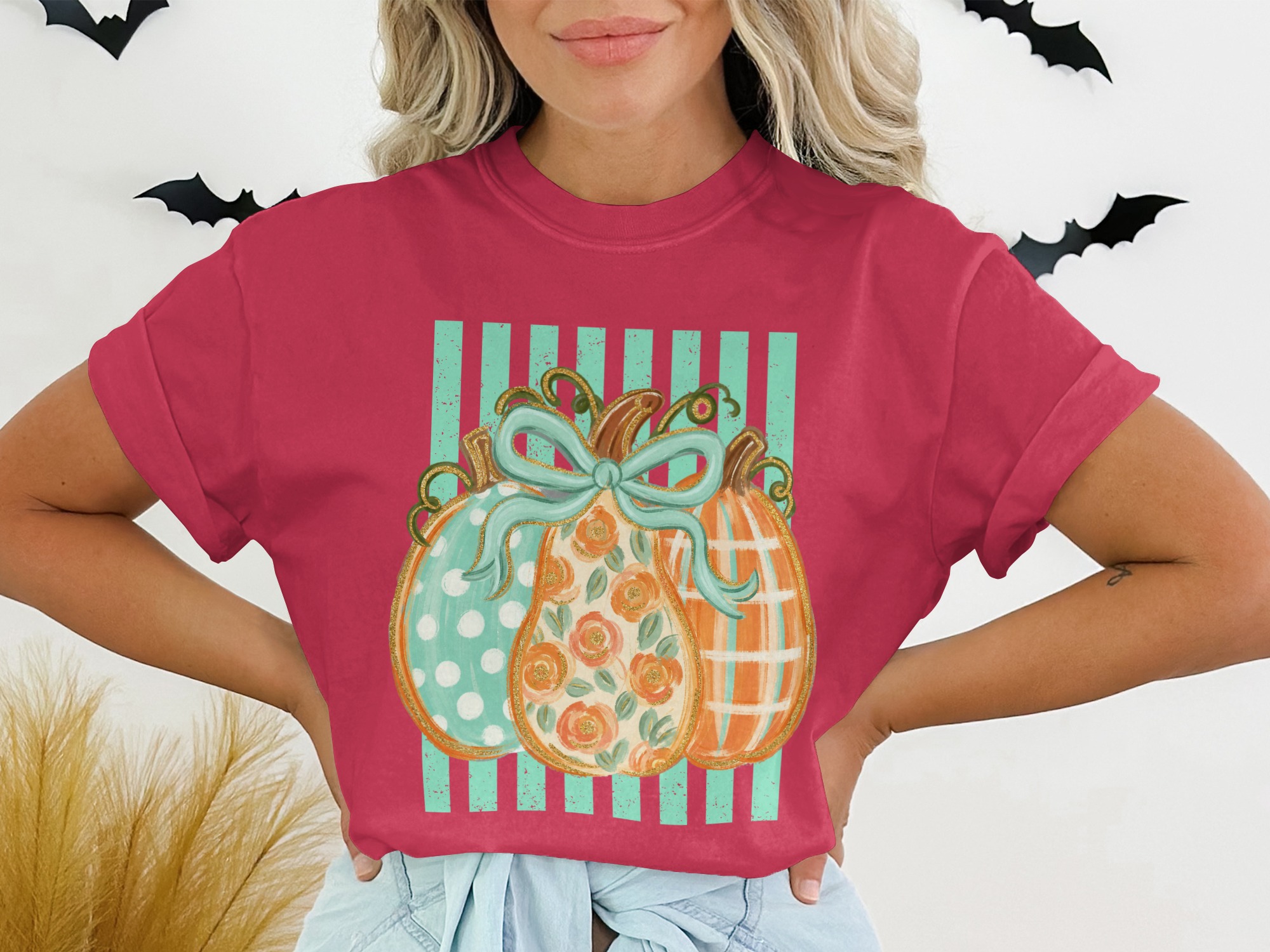 Cute Autumn Pumpkin T-Shirt | Fall Season Floral Polka Dot Plaid Pumpkins Tee | Trendy Harvest Festival Design Top - Image 11