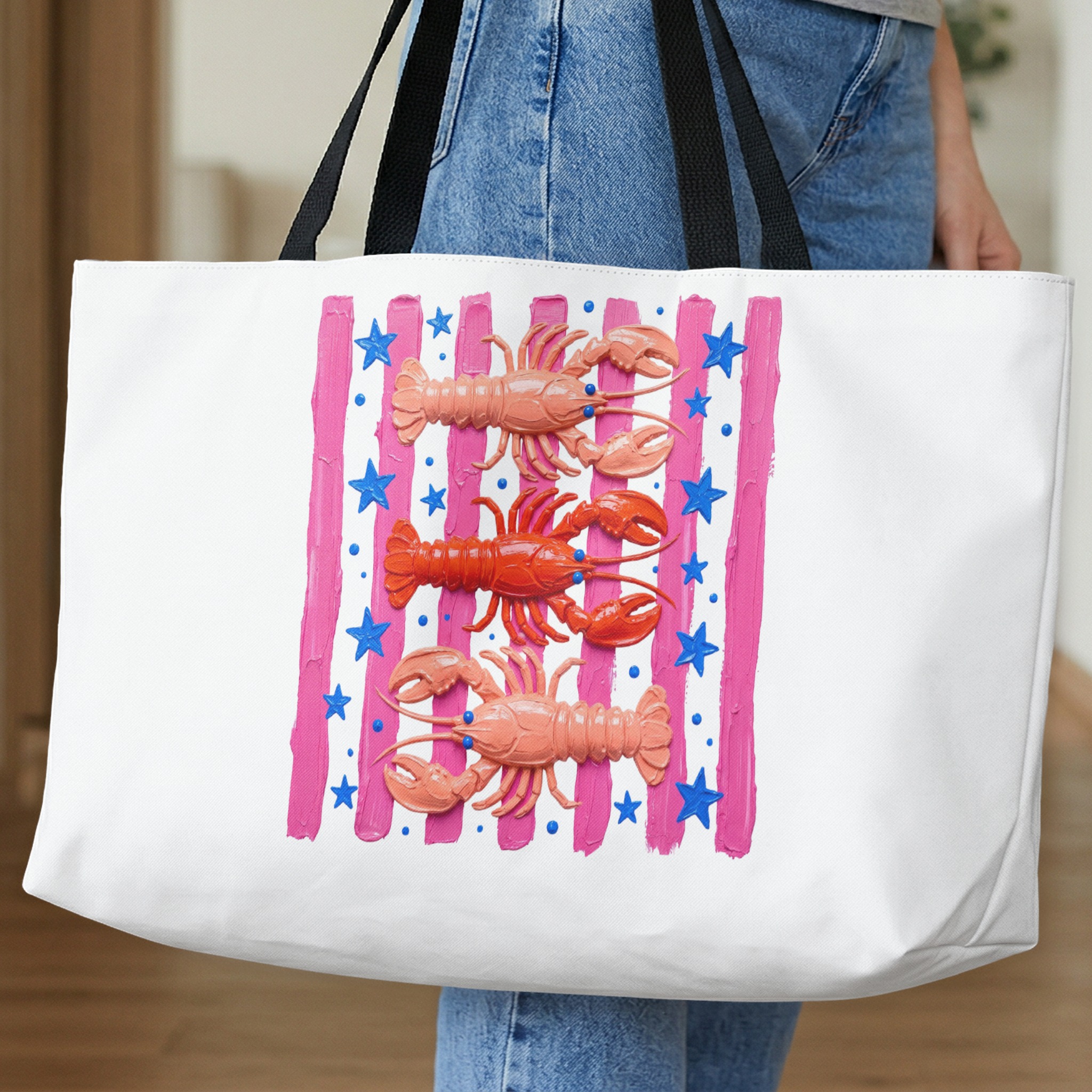 Lobster Tote Bag | Cute Pink Coastal Beach Summer Bag | Artistic Ocean Market Carryall with Star & Stripe Print - Image 10